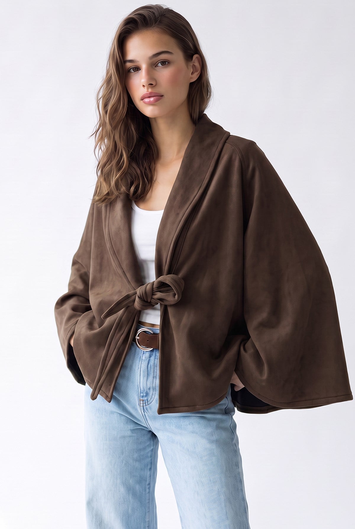 4977 Kadın Bağcıklı Süet Kimono Kahve