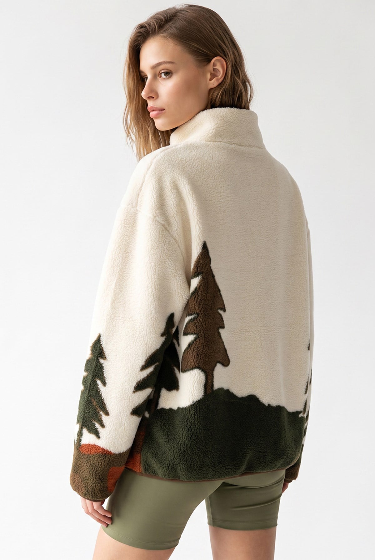 4979 Kadın Yarım Fermuarlı Desenli Polar Sweatshirt Haki