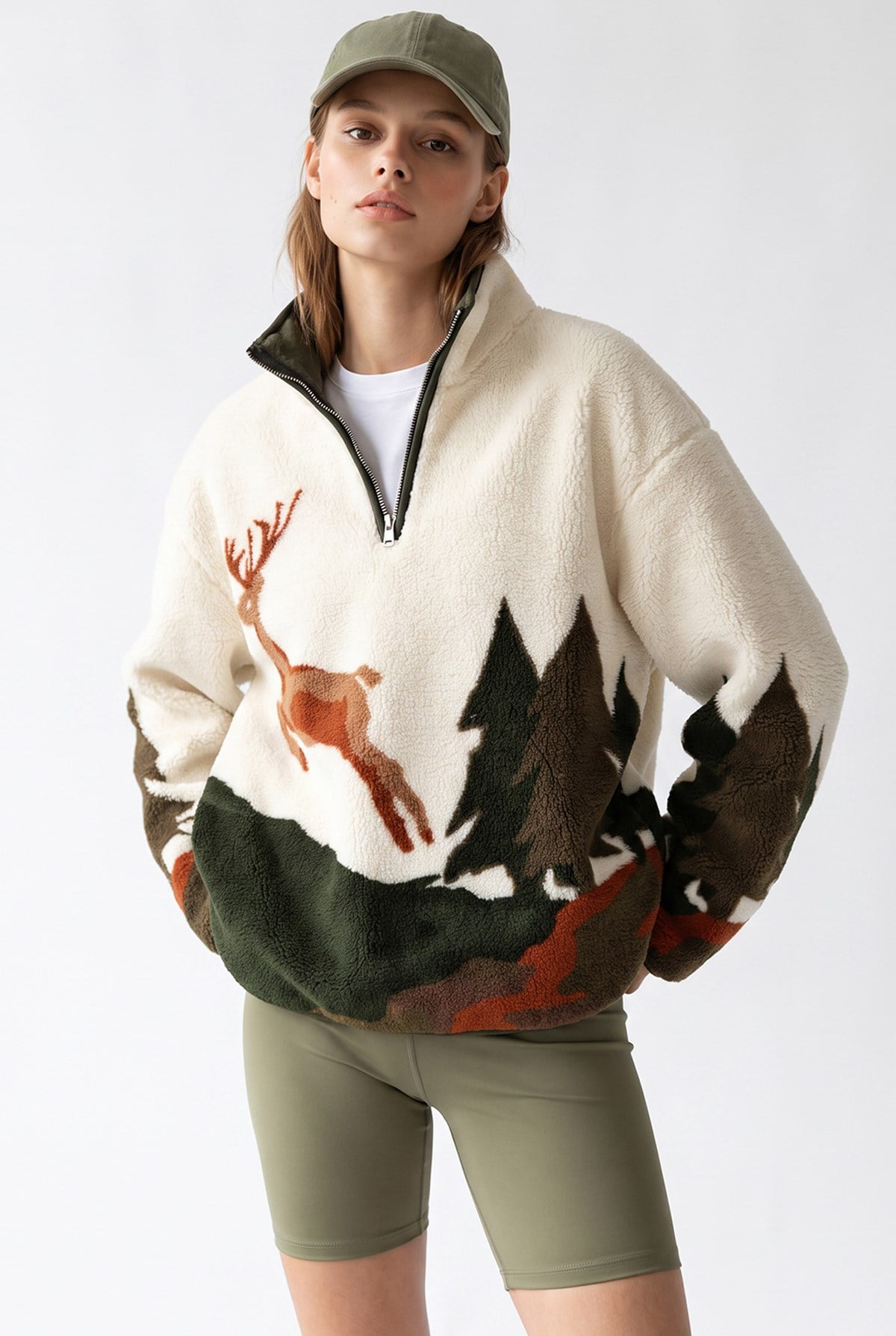 4979 Kadın Yarım Fermuarlı Desenli Polar Sweatshirt Haki