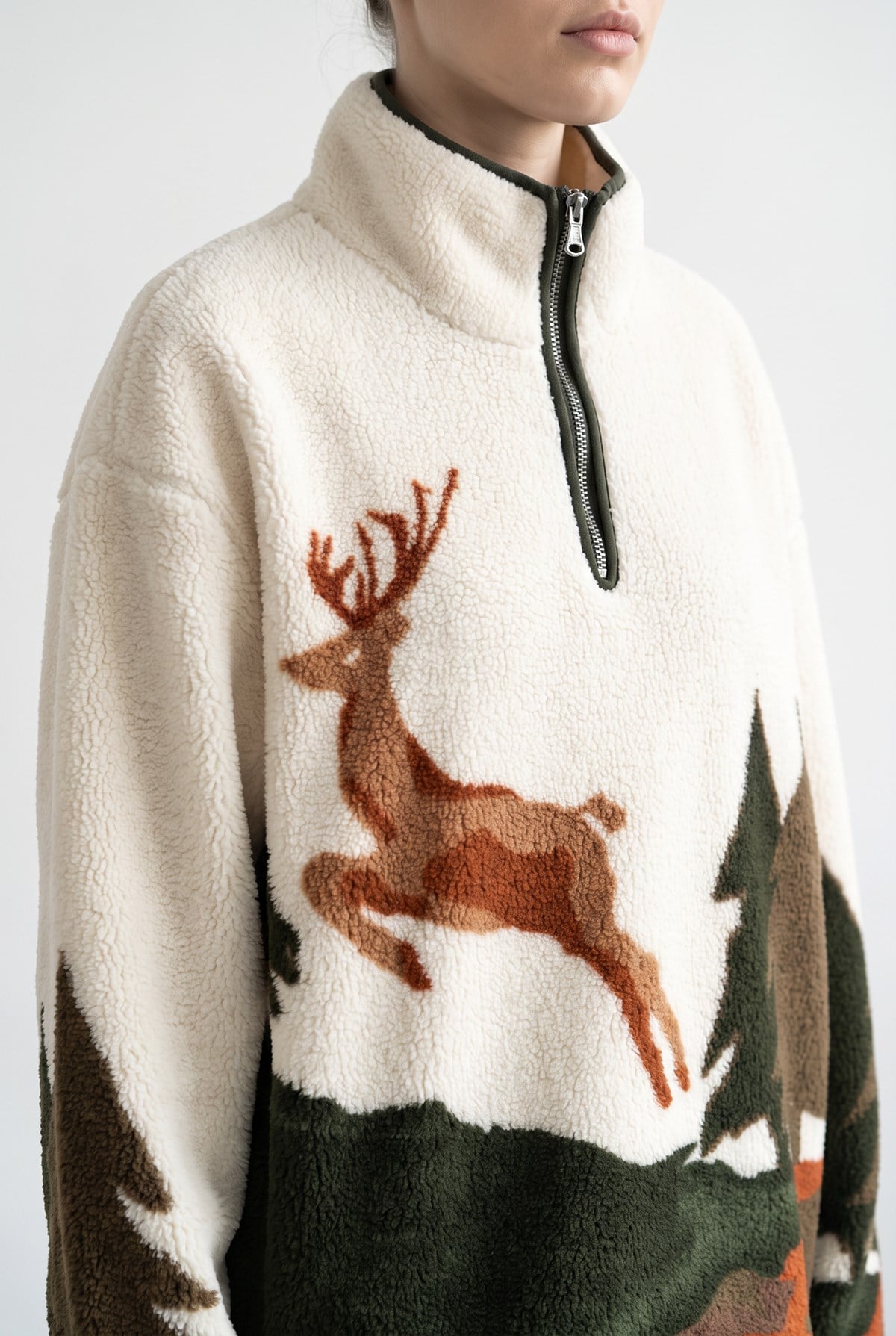 4979 Kadın Yarım Fermuarlı Desenli Polar Sweatshirt Haki