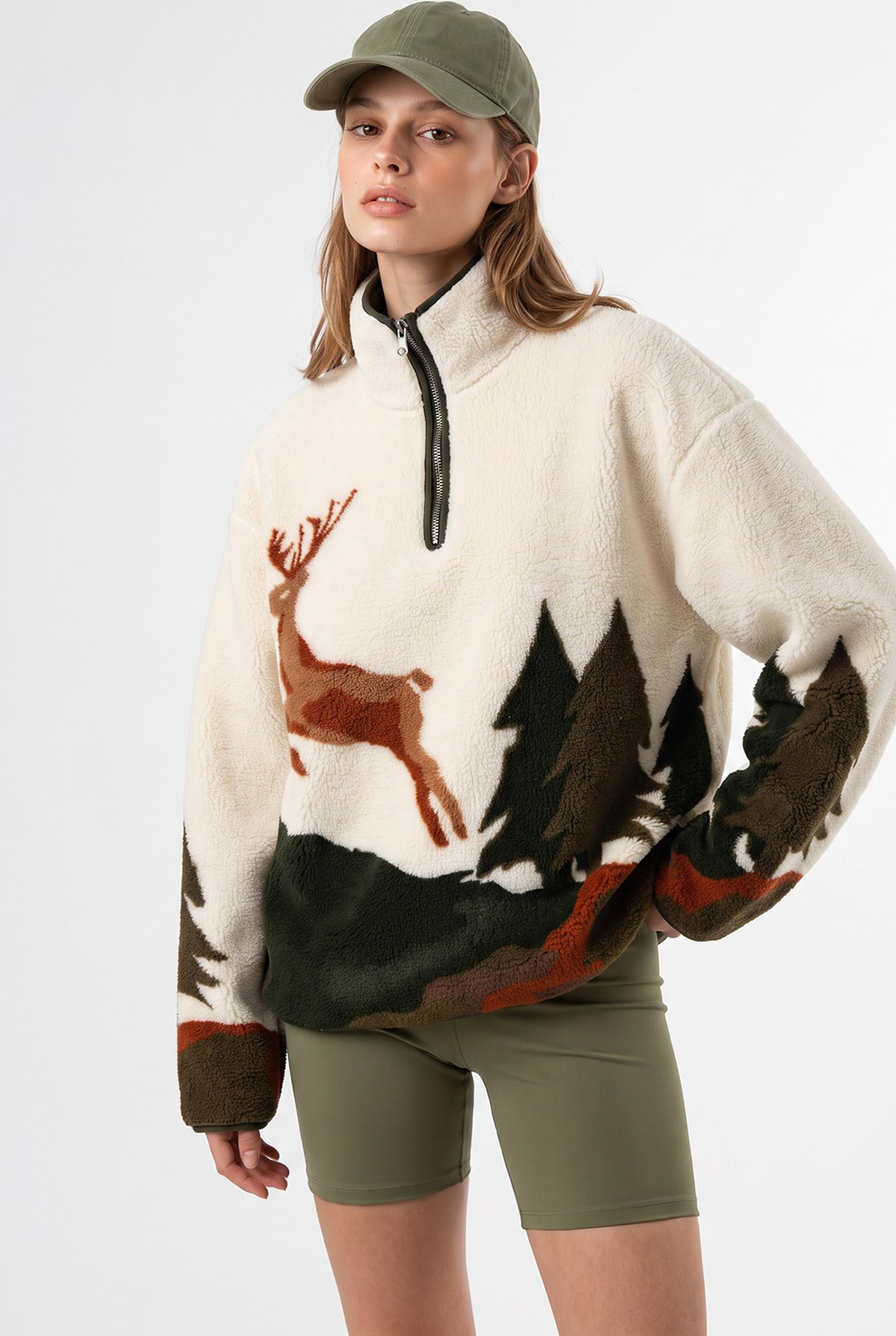 4979 Kadın Yarım Fermuarlı Desenli Polar Sweatshirt Haki