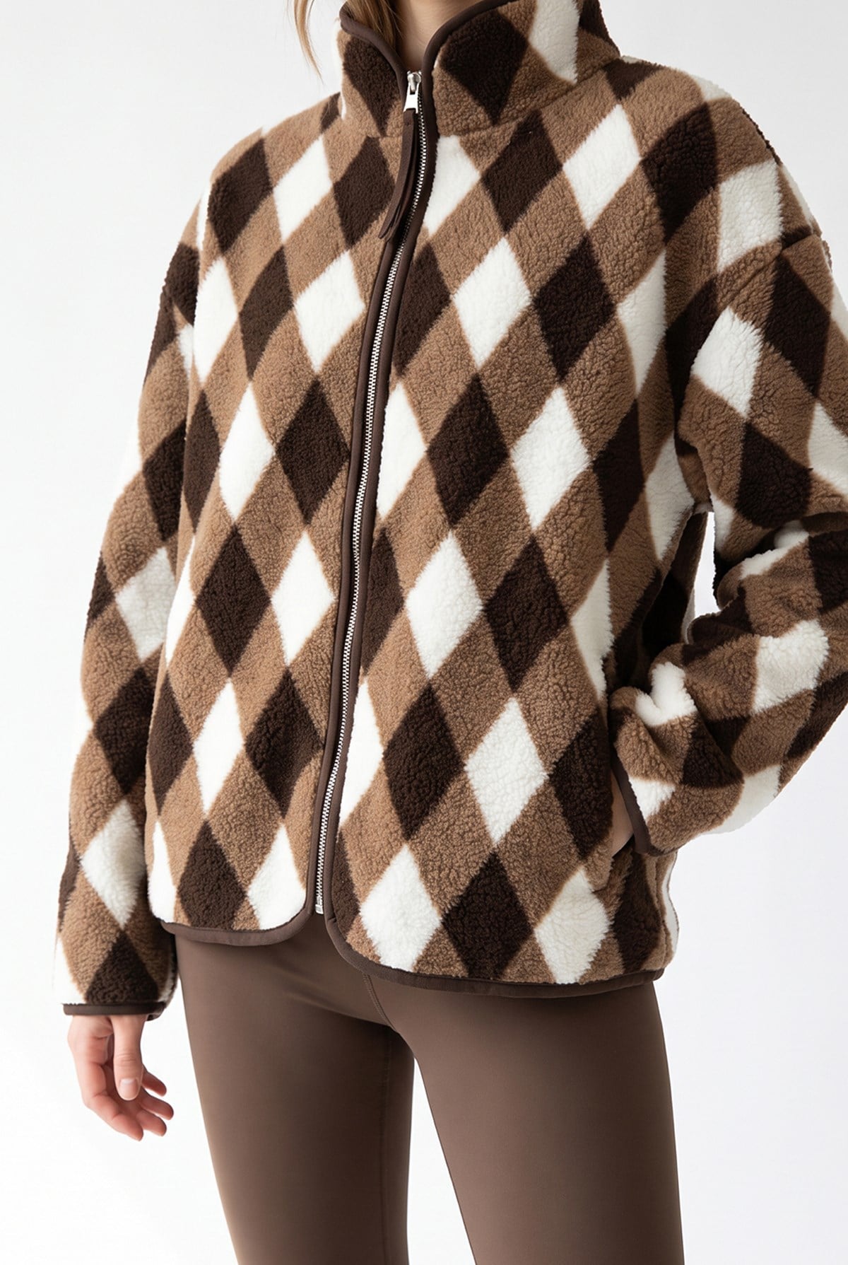 4981 Kadın Baklava Desenli Kahve Cepli Yumuşak Dokulu Polar Sweatshirt
