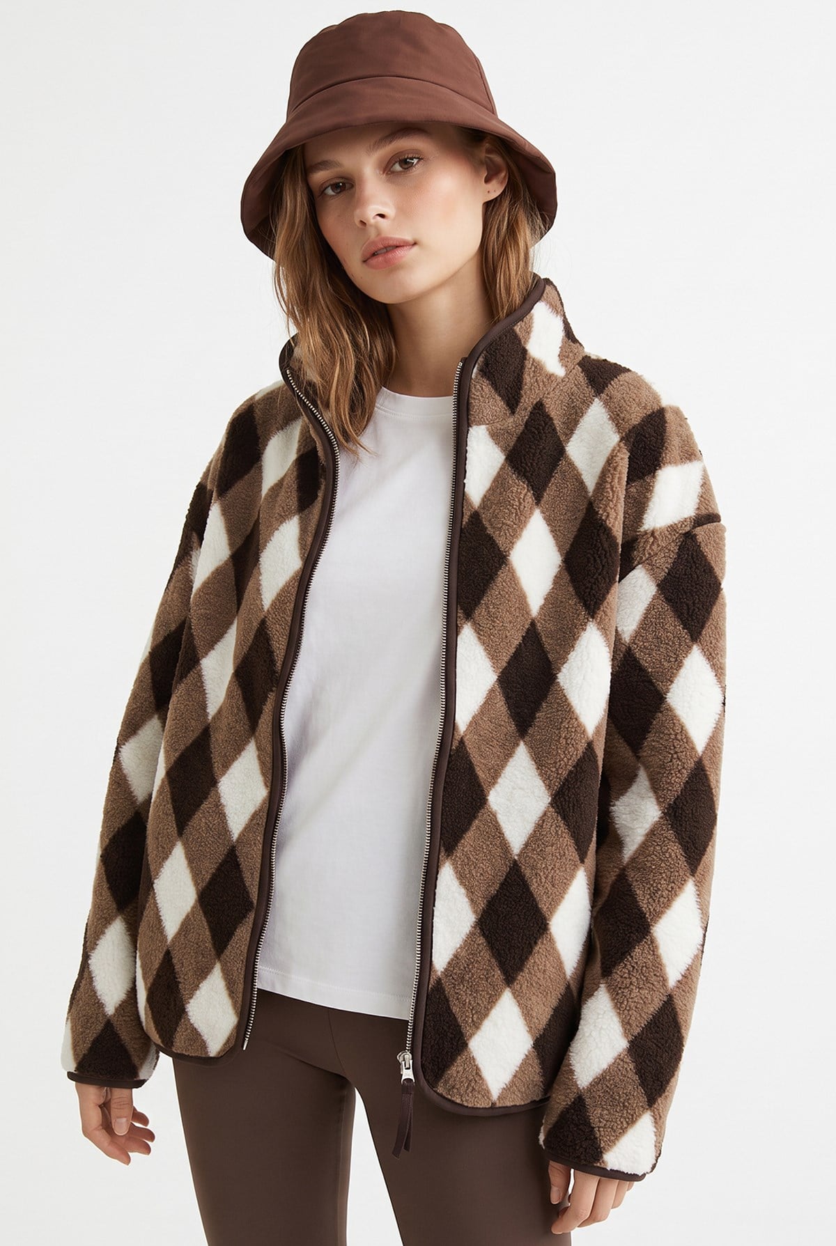 4981 Kadın Baklava Desenli Kahve Cepli Yumuşak Dokulu Polar Sweatshirt