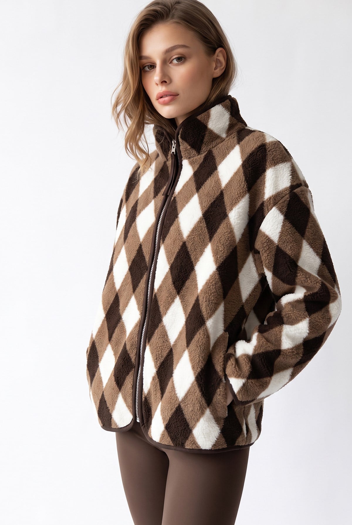4981 Kadın Baklava Desenli Kahve Cepli Yumuşak Dokulu Polar Sweatshirt