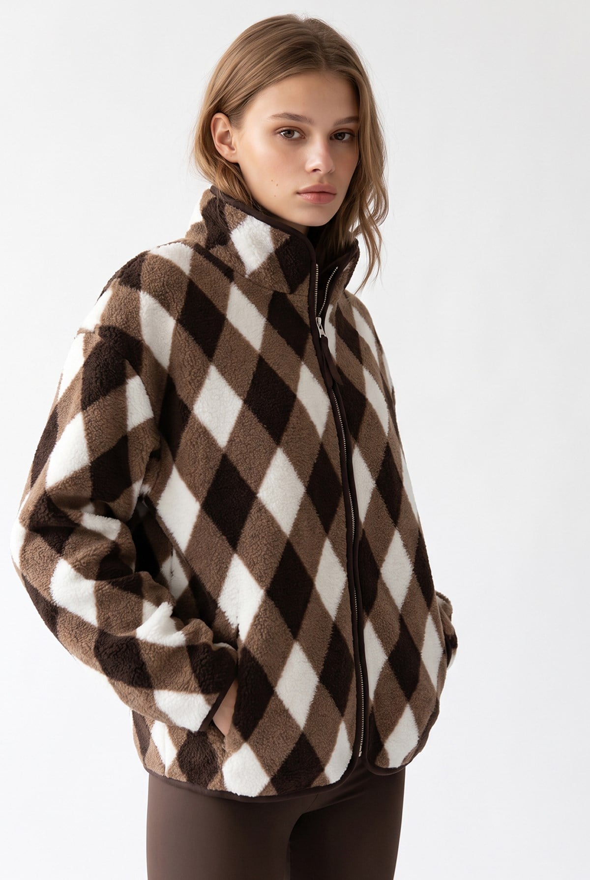 4981 Kadın Baklava Desenli Kahve Cepli Yumuşak Dokulu Polar Sweatshirt
