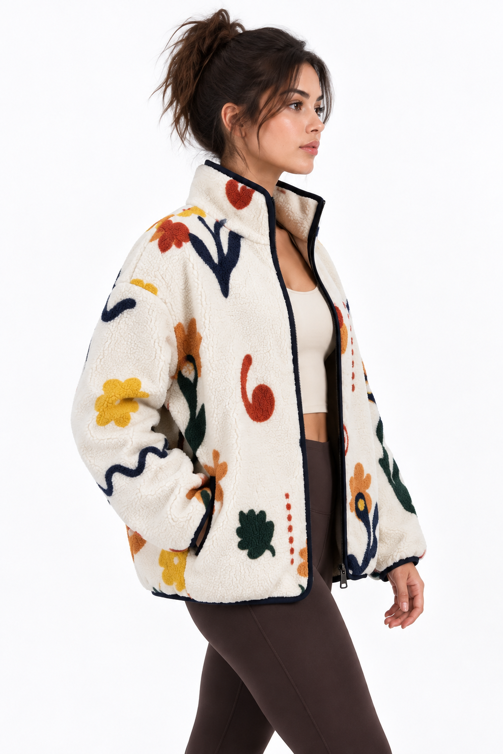4981 Kadın Çiçek Motifli Cepli Yumuşak Dokulu Polar Sweatshirt