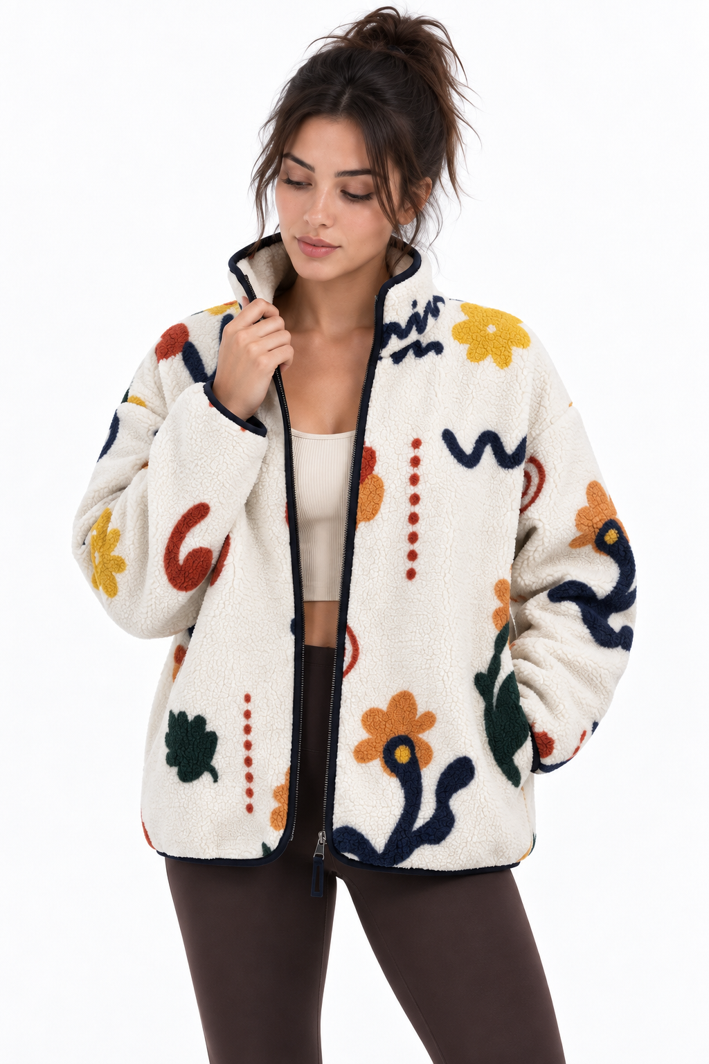 4981 Kadın Çiçek Motifli Cepli Yumuşak Dokulu Polar Sweatshirt