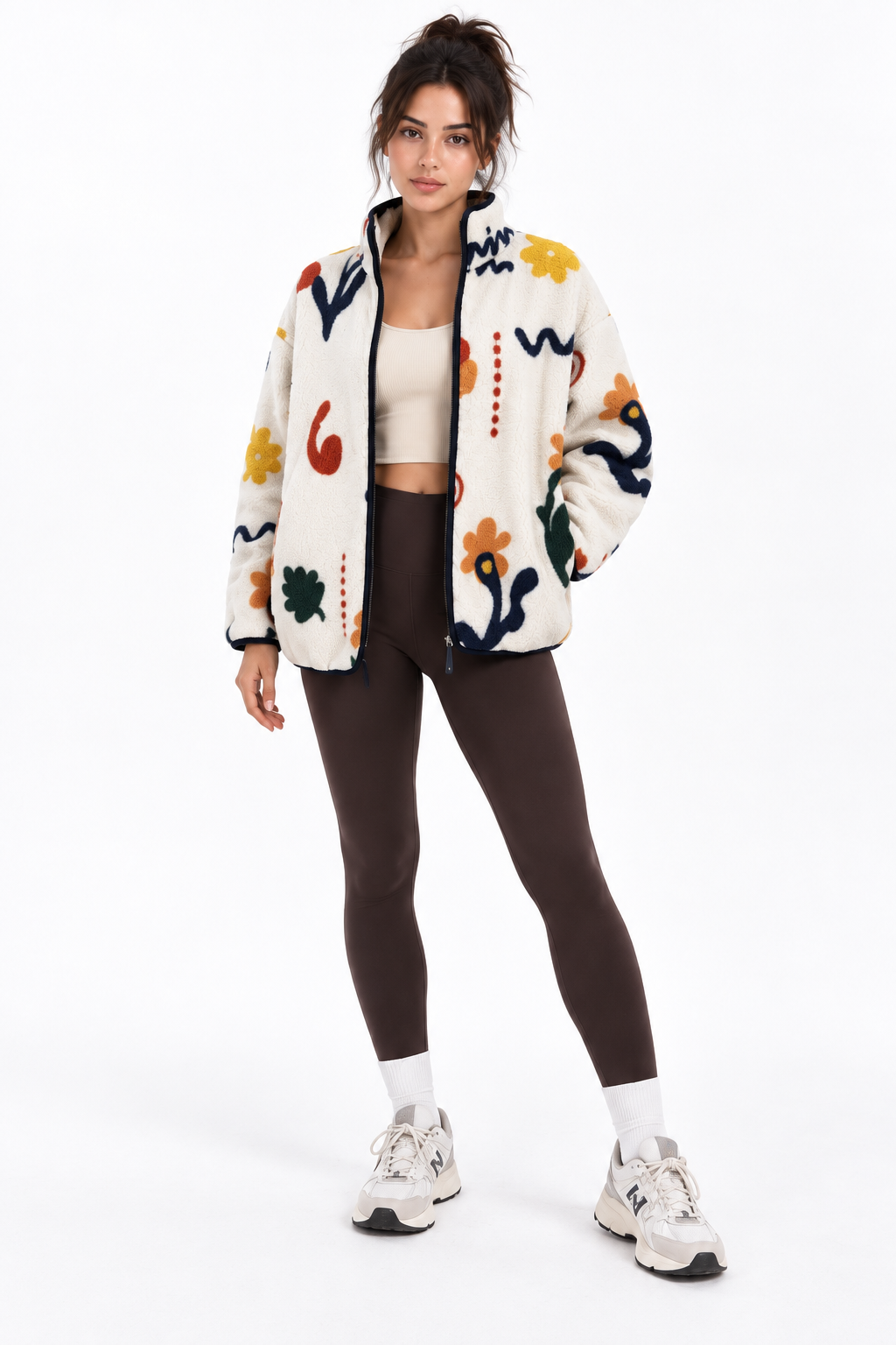 4981 Kadın Çiçek Motifli Cepli Yumuşak Dokulu Polar Sweatshirt