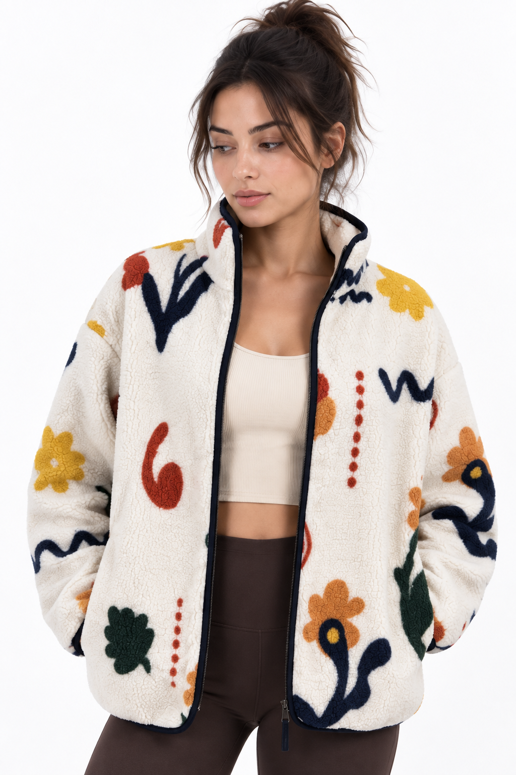 4981 Kadın Çiçek Motifli Cepli Yumuşak Dokulu Polar Sweatshirt