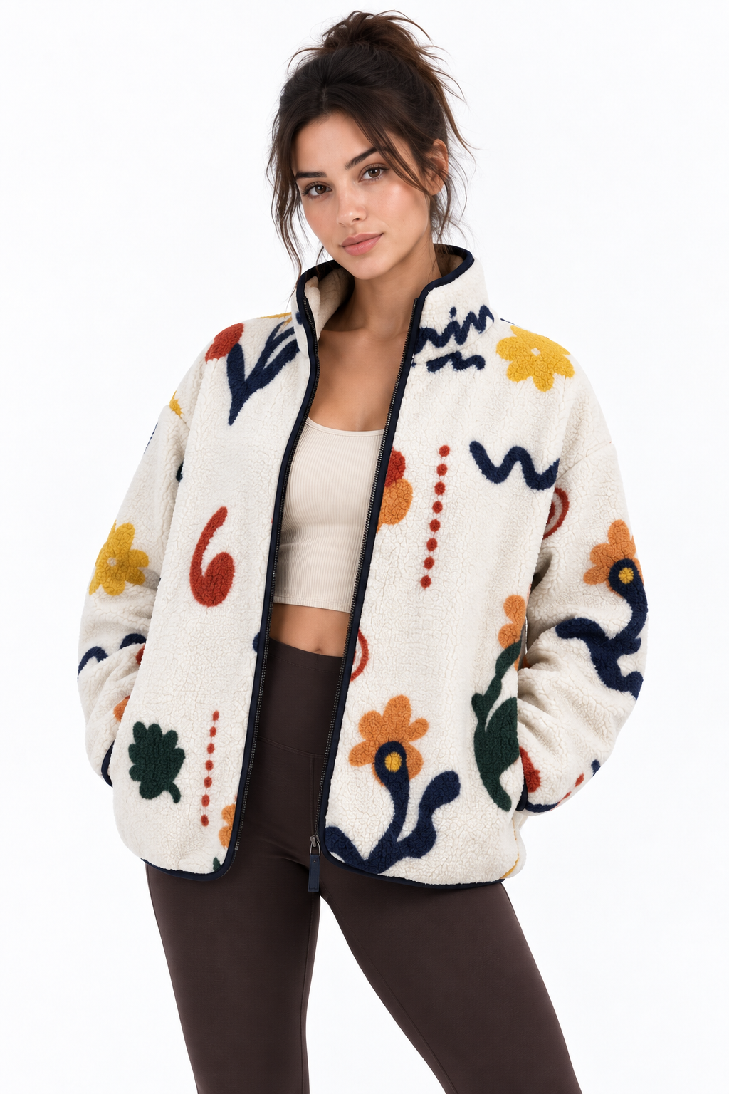 4981 Kadın Çiçek Motifli Cepli Yumuşak Dokulu Polar Sweatshirt
