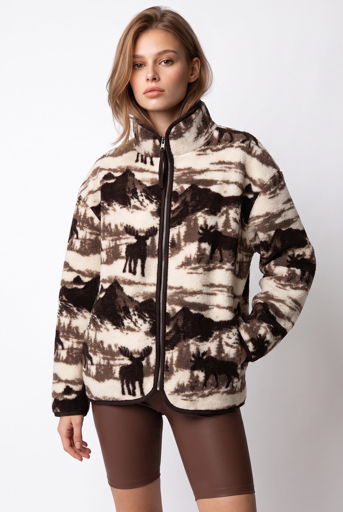 4981 Kadın Dağ Manzaralı Geyik Desenli Cepli Yumuşak Dokulu Polar Sweatshirt