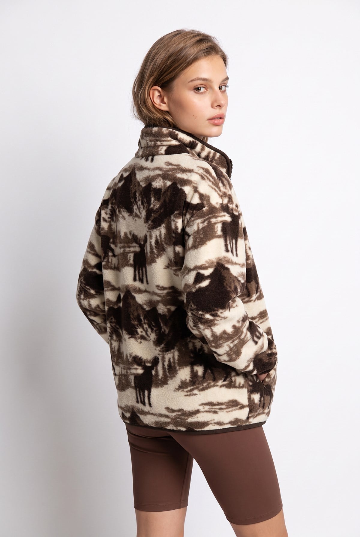 4981 Kadın Dağ Manzaralı Geyik Desenli Cepli Yumuşak Dokulu Polar Sweatshirt