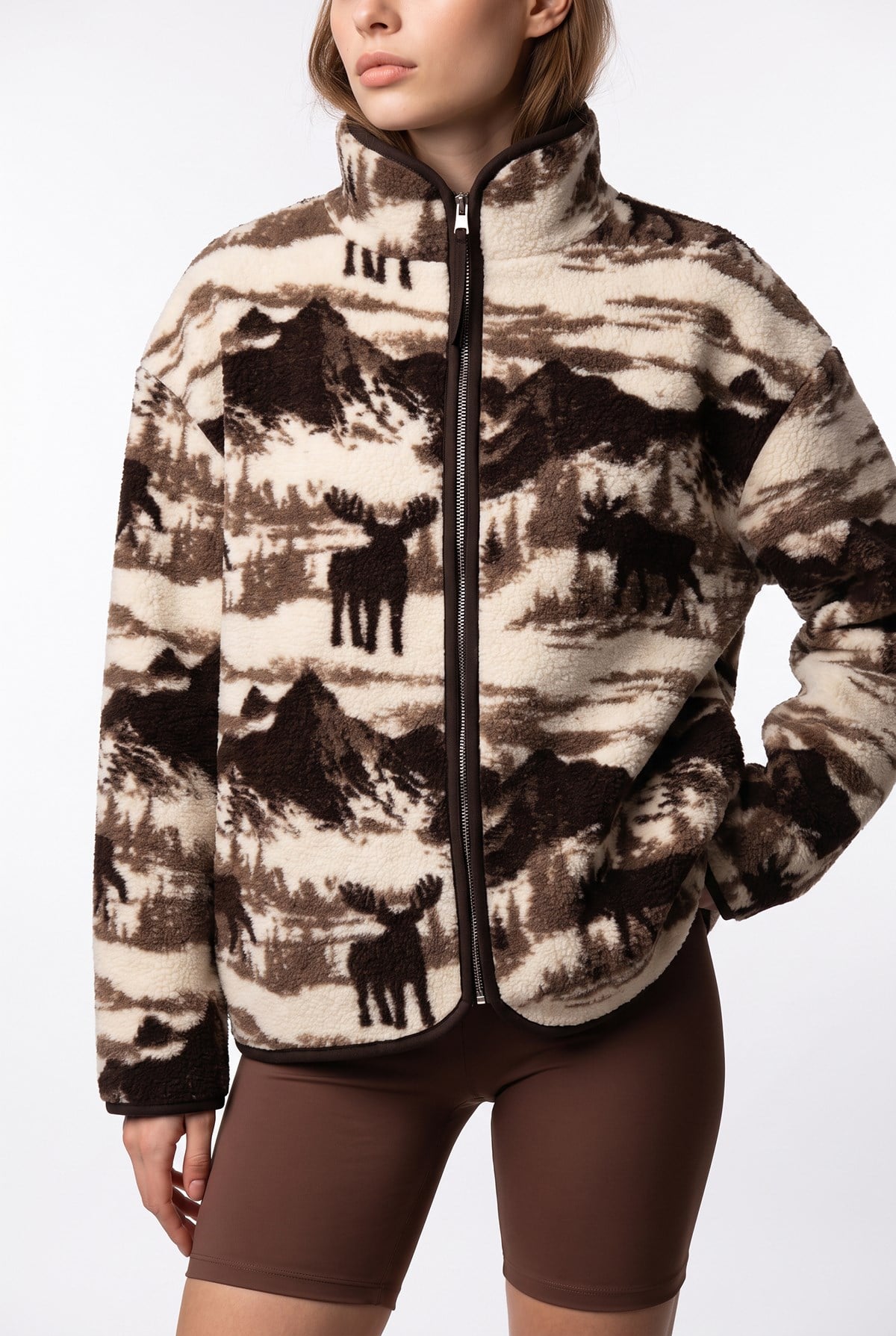 4981 Kadın Dağ Manzaralı Geyik Desenli Cepli Yumuşak Dokulu Polar Sweatshirt