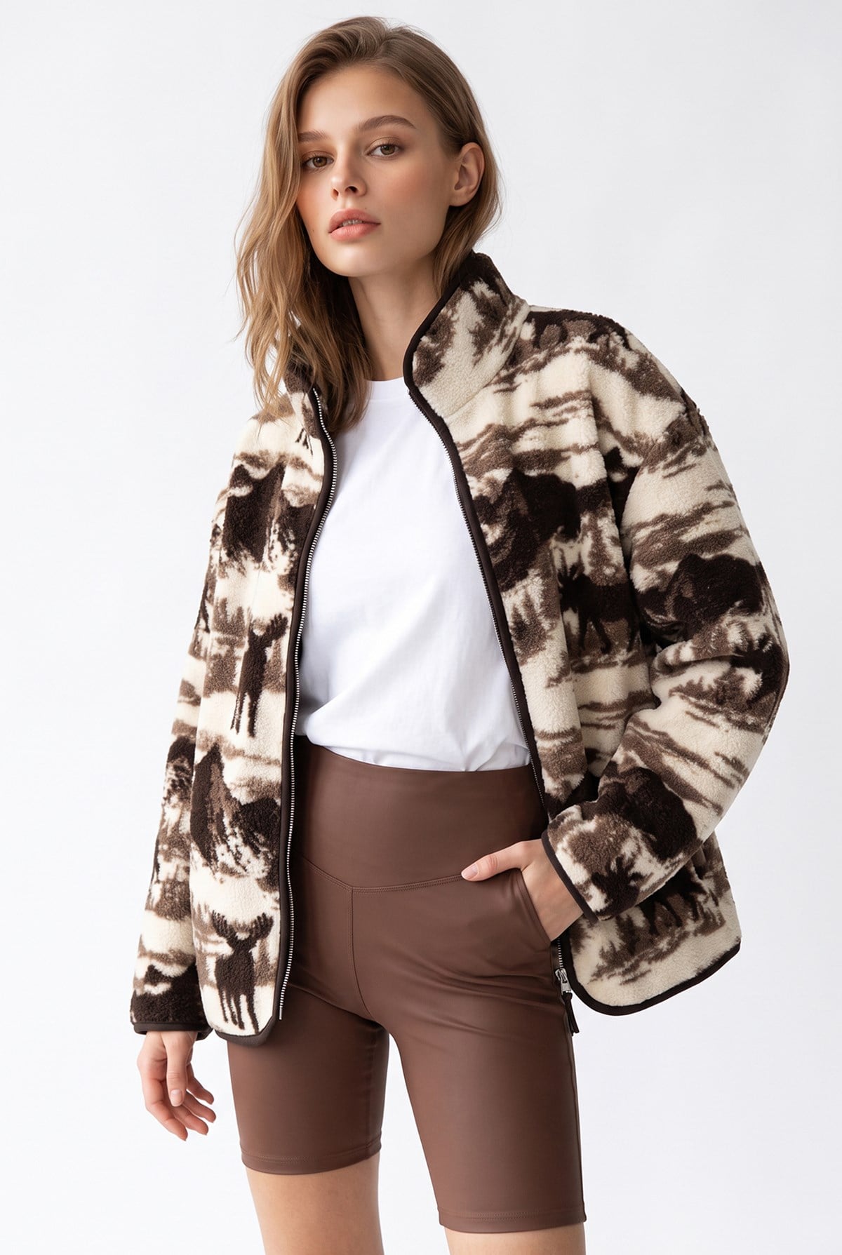 4981 Kadın Dağ Manzaralı Geyik Desenli Cepli Yumuşak Dokulu Polar Sweatshirt