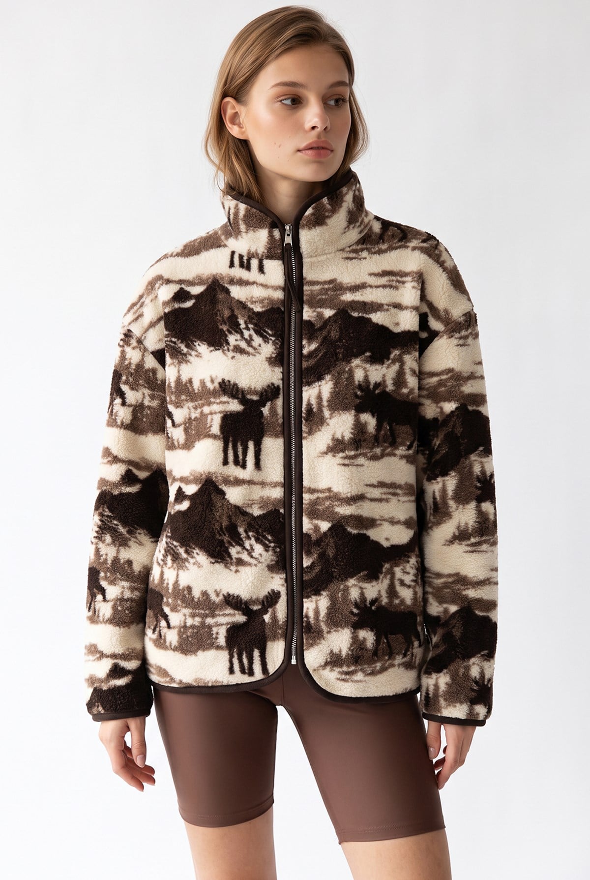 4981 Kadın Dağ Manzaralı Geyik Desenli Cepli Yumuşak Dokulu Polar Sweatshirt