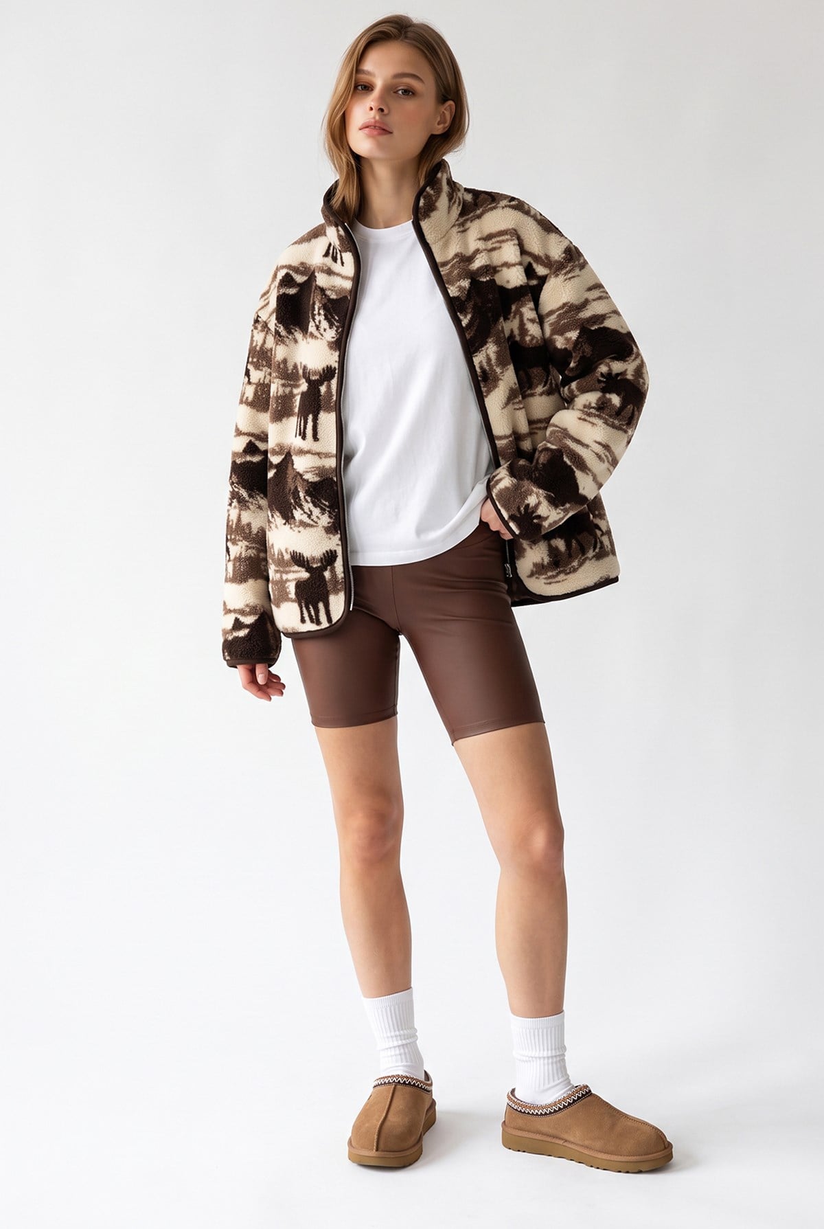 4981 Kadın Dağ Manzaralı Geyik Desenli Cepli Yumuşak Dokulu Polar Sweatshirt