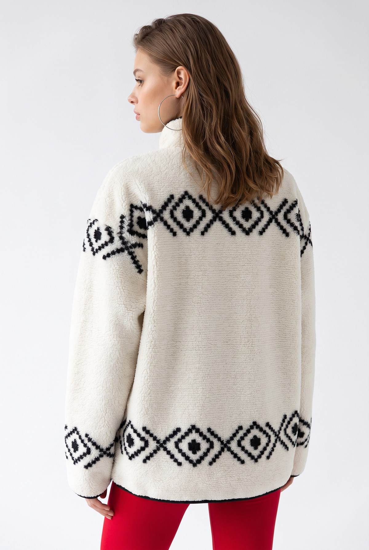 4981 Kadın Desenli Fermuarlı Sweatshirt Ekru-Siyah
