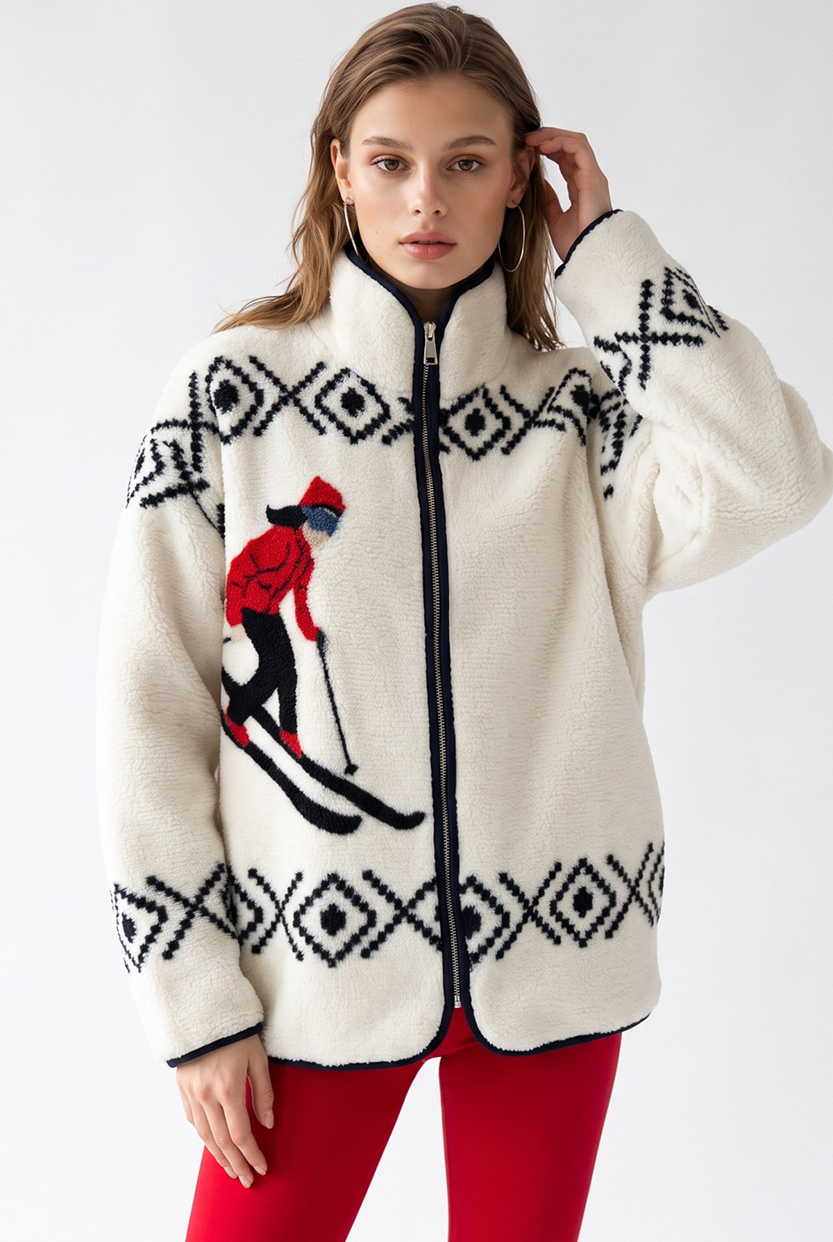 4981 Kadın Desenli Fermuarlı Sweatshirt Ekru-Siyah