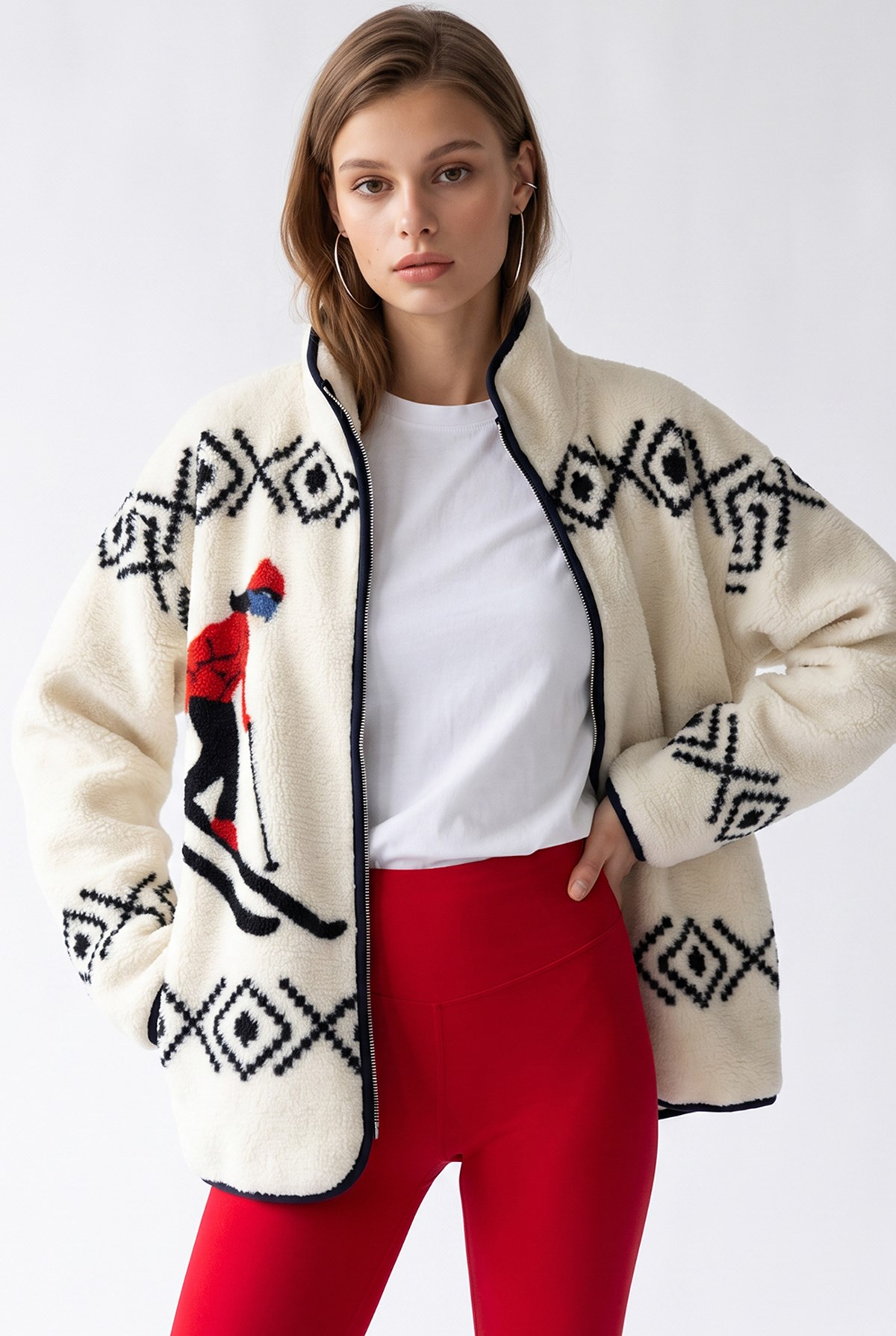 4981 Kadın Desenli Fermuarlı Sweatshirt Ekru-Siyah