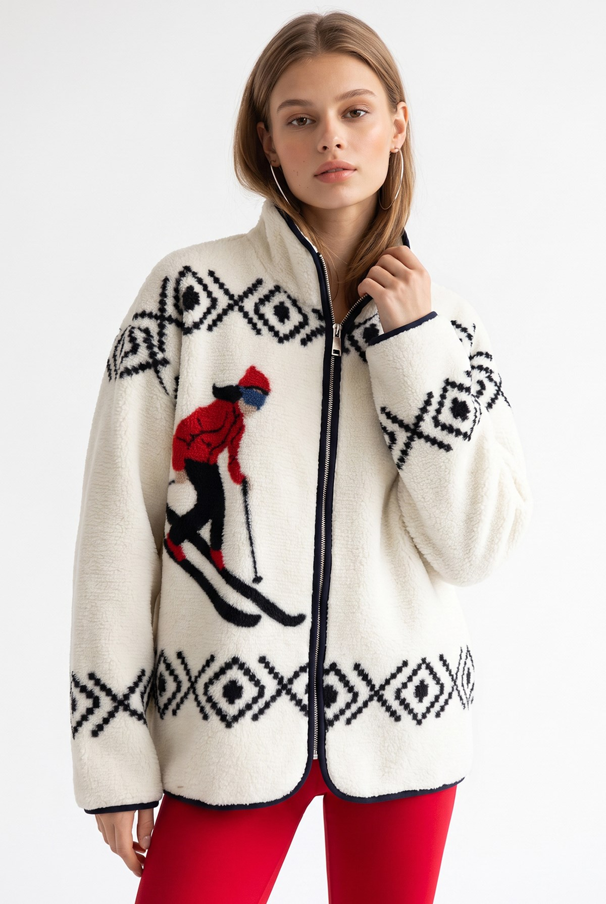 4981 Kadın Desenli Fermuarlı Sweatshirt Ekru-Siyah