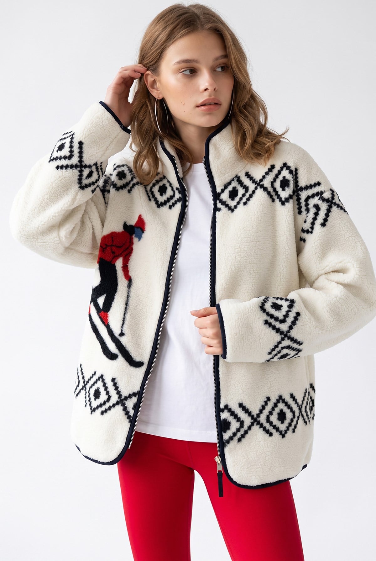 4981 Kadın Desenli Fermuarlı Sweatshirt Ekru-Siyah