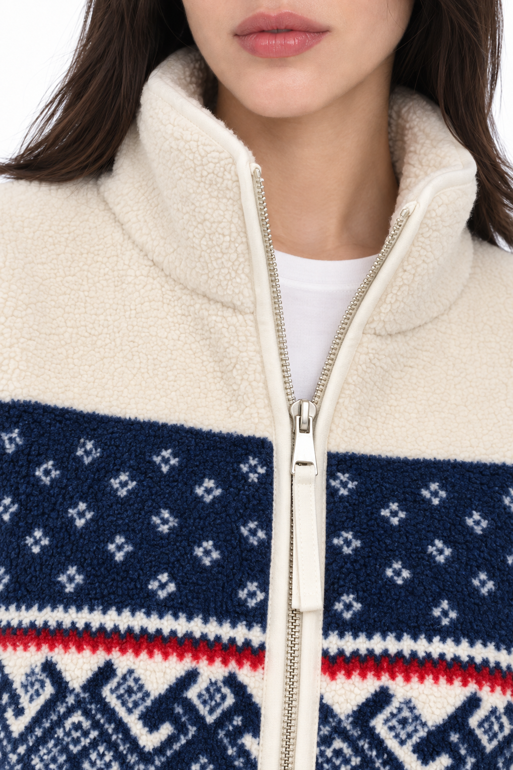 4981 Kadın Fermuarlı Desenli Polar Sweatshirt Kırmızı Lacivert