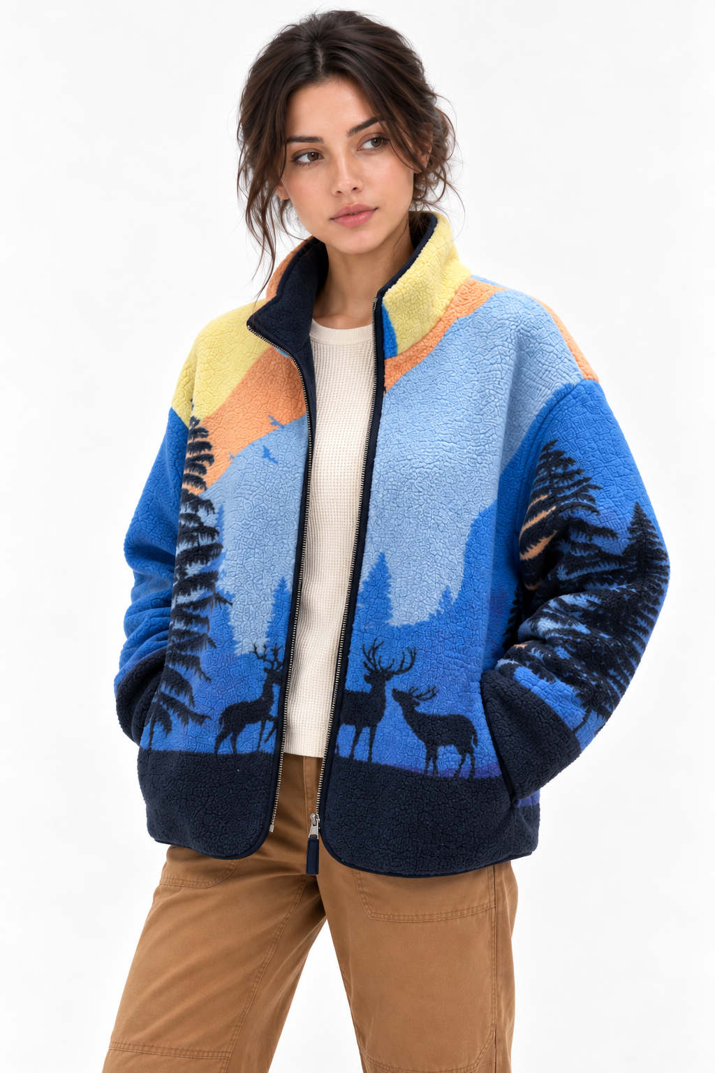 4981 Kadın Fermuarlı Desenli Polar Sweatshirt Koyu Mavi