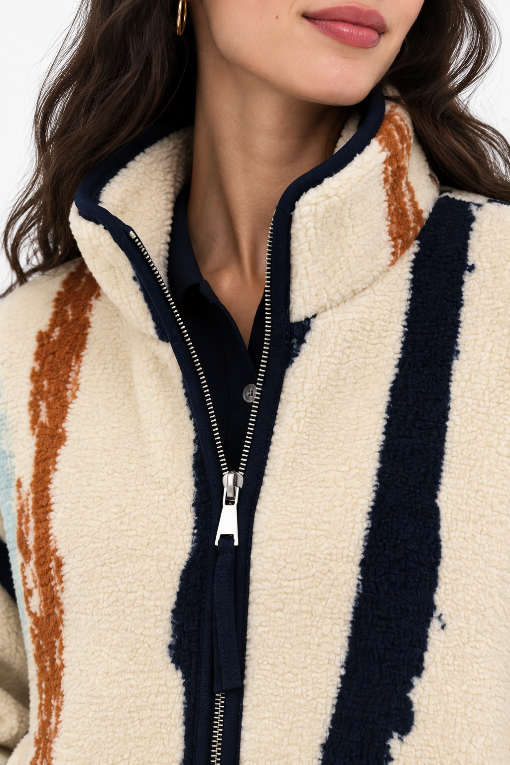 4981 Kadın Fermuarlı Desenli Polar Sweatshirt Çi.Lacivert