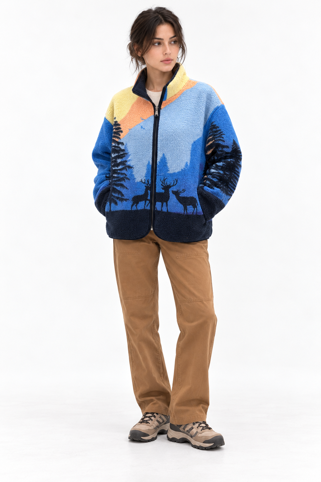 4981 Kadın Fermuarlı Desenli Polar Sweatshirt Koyu Mavi