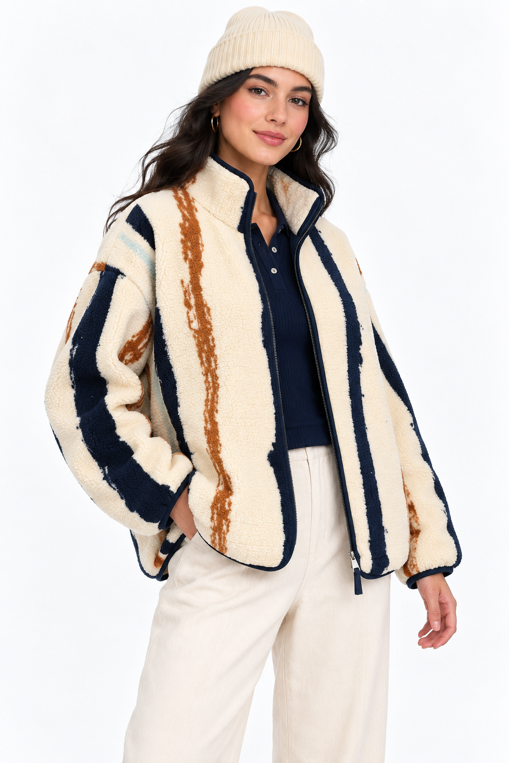 4981 Kadın Fermuarlı Desenli Polar Sweatshirt Çi.Lacivert