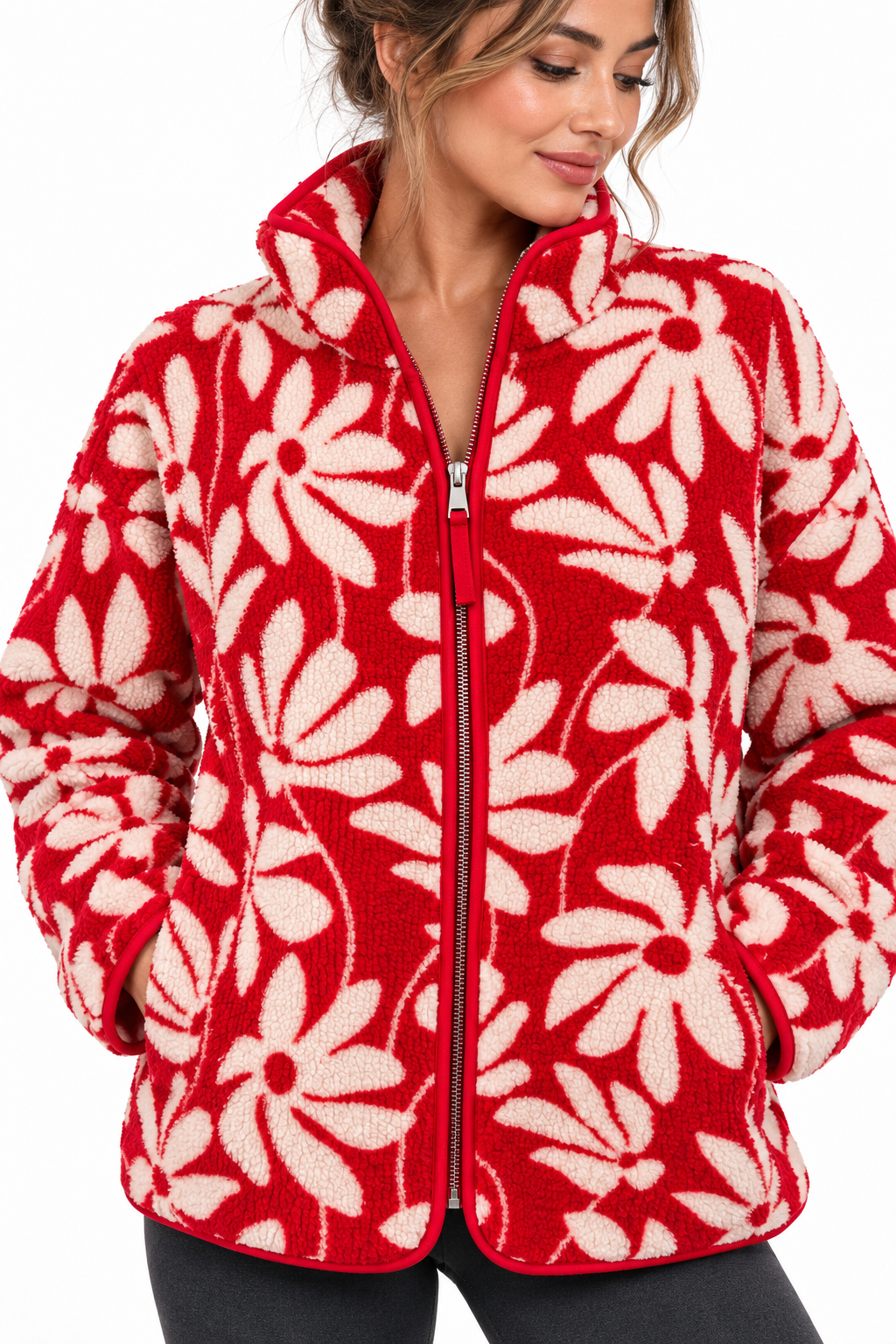 4981 Kadın Fermuarlı Desenli Polar Sweatshirt Kırmızı - Naturel