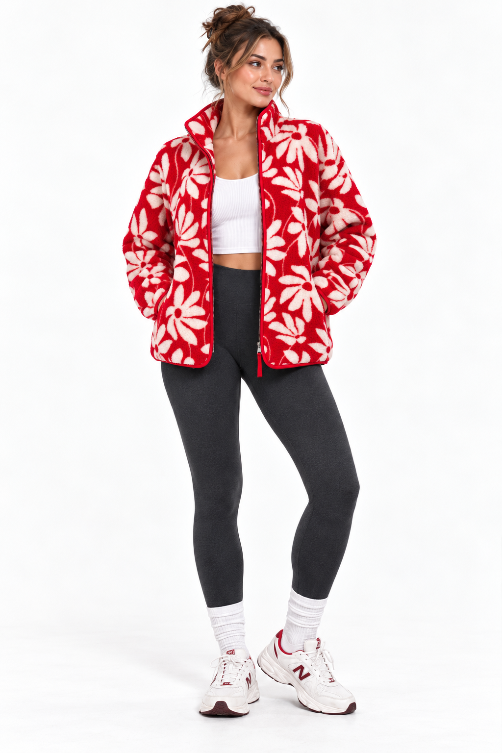 4981 Kadın Fermuarlı Desenli Polar Sweatshirt Kırmızı - Naturel