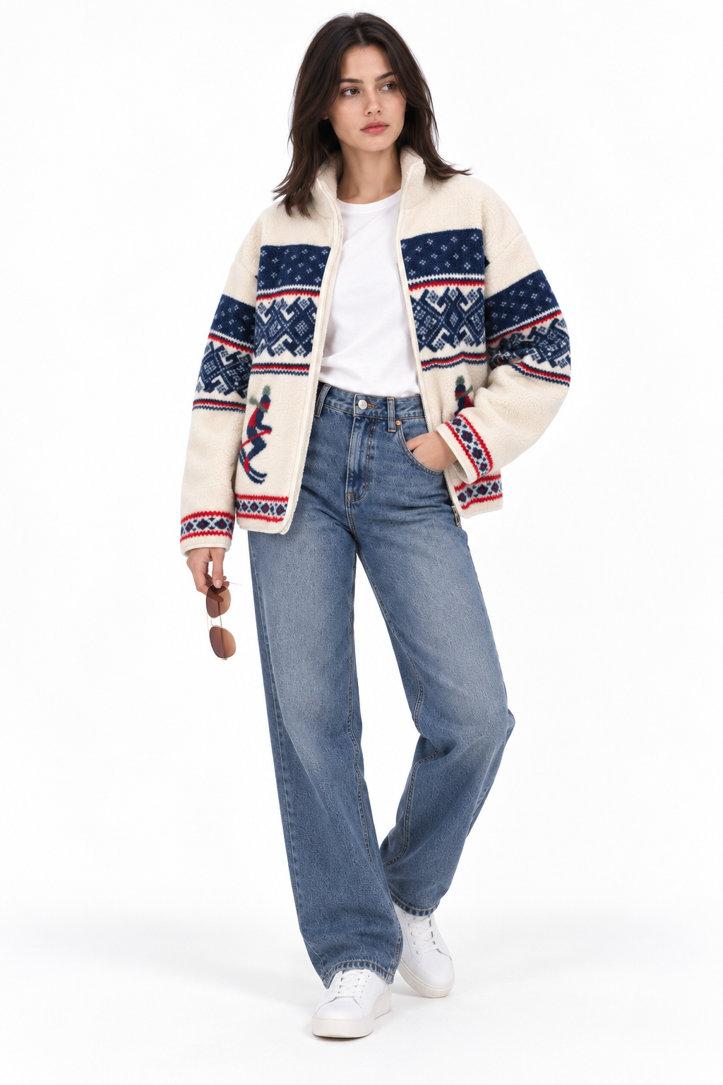 4981 Kadın Fermuarlı Desenli Polar Sweatshirt Kırmızı Lacivert