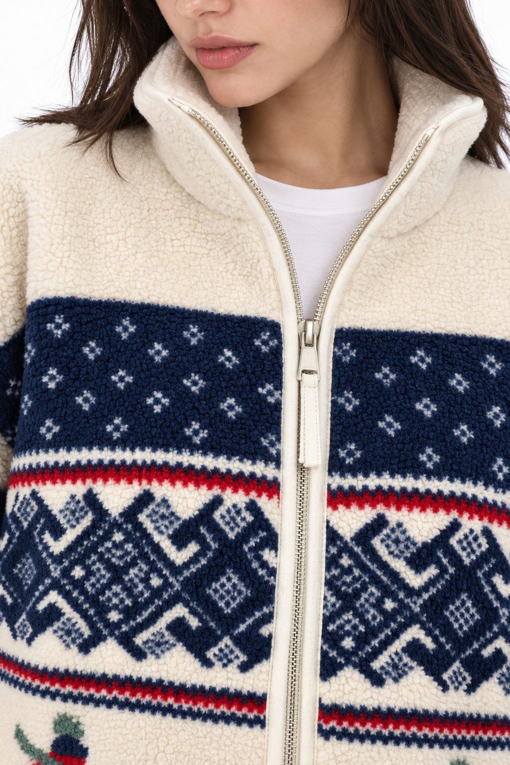 4981 Kadın Fermuarlı Desenli Polar Sweatshirt Kırmızı Lacivert