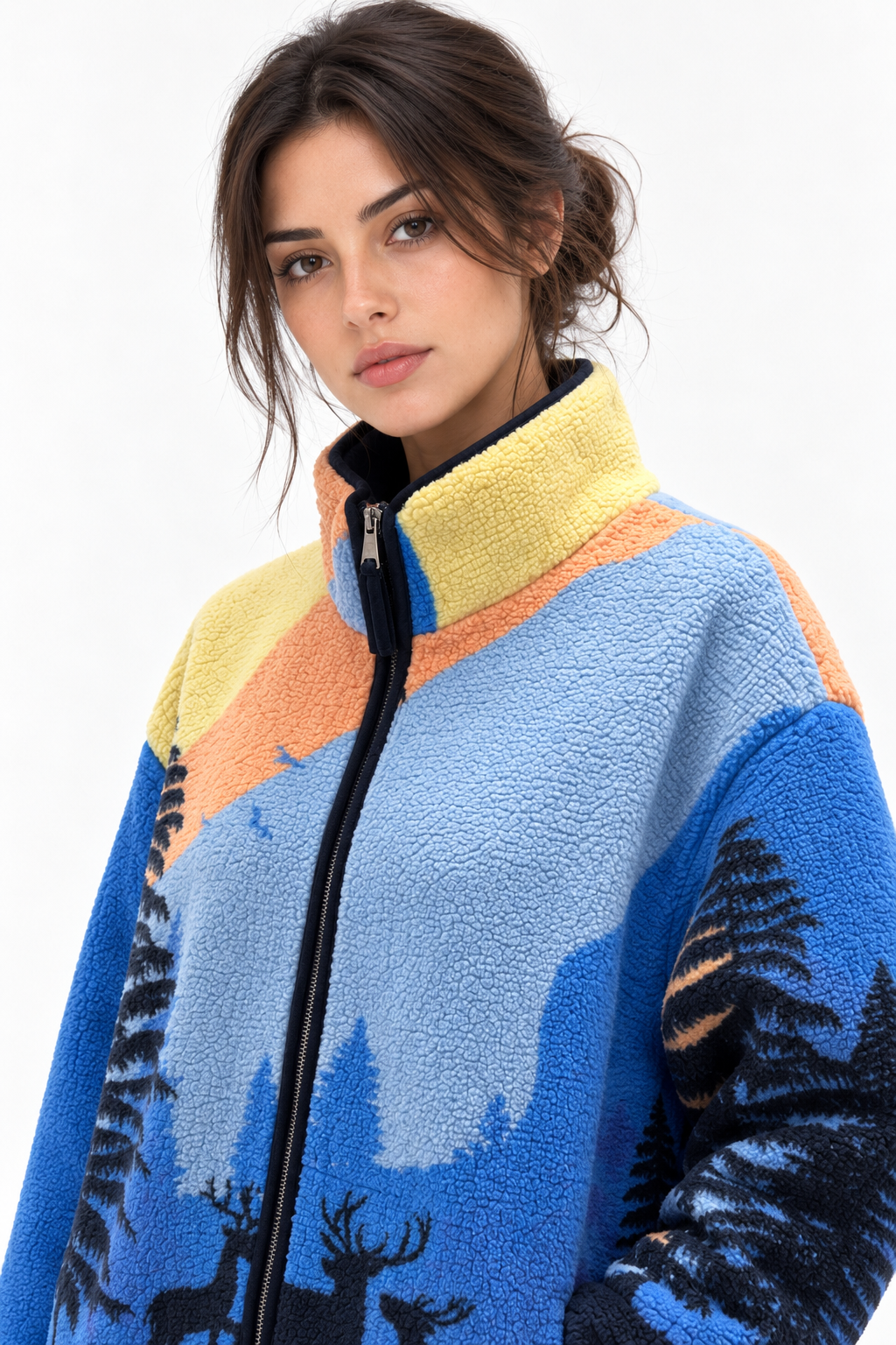 4981 Kadın Fermuarlı Desenli Polar Sweatshirt Koyu Mavi