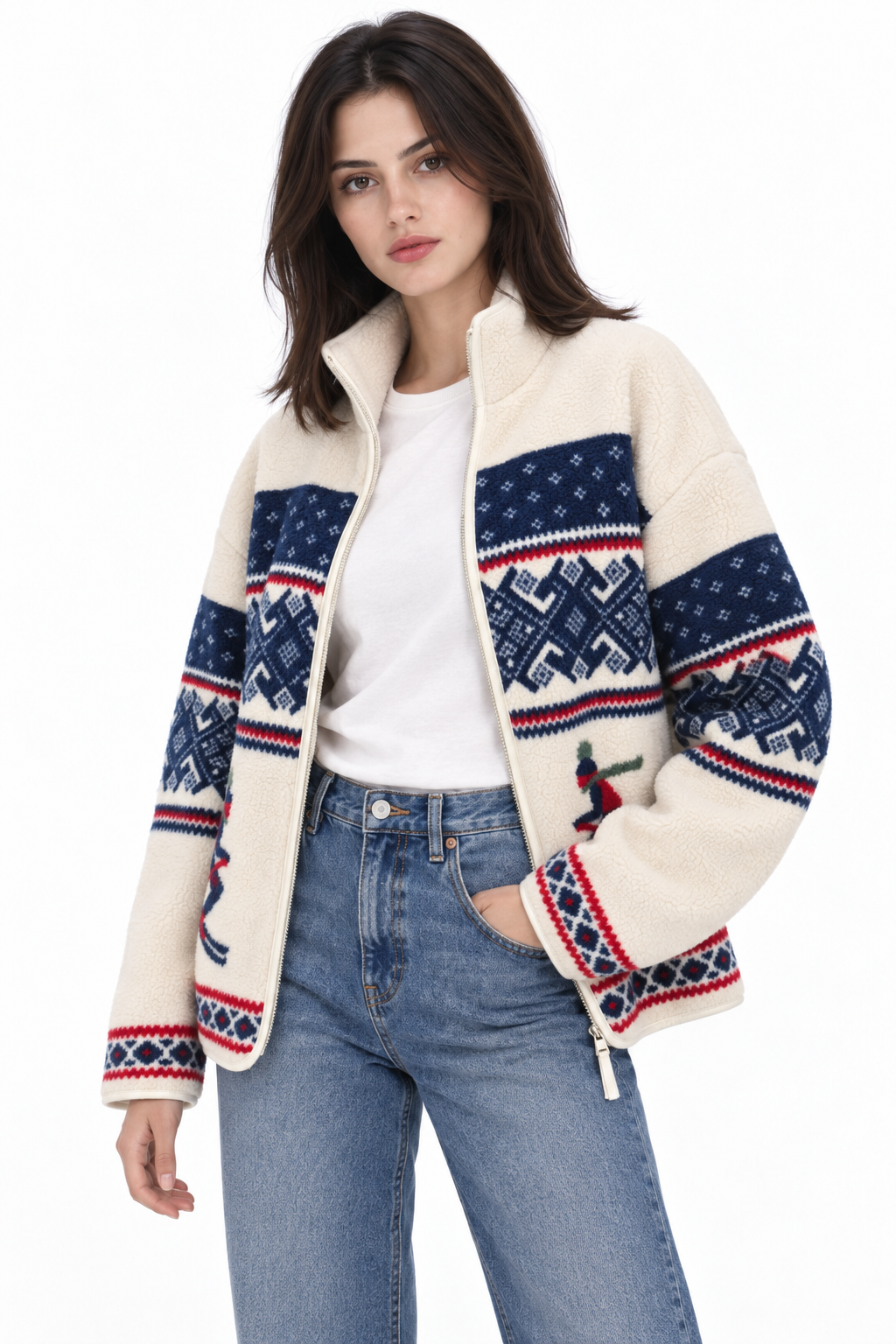 4981 Kadın Fermuarlı Desenli Polar Sweatshirt Kırmızı Lacivert
