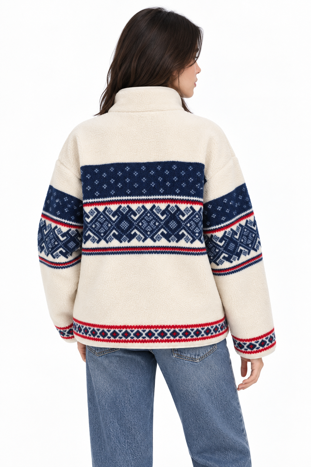 4981 Kadın Fermuarlı Desenli Polar Sweatshirt Kırmızı Lacivert