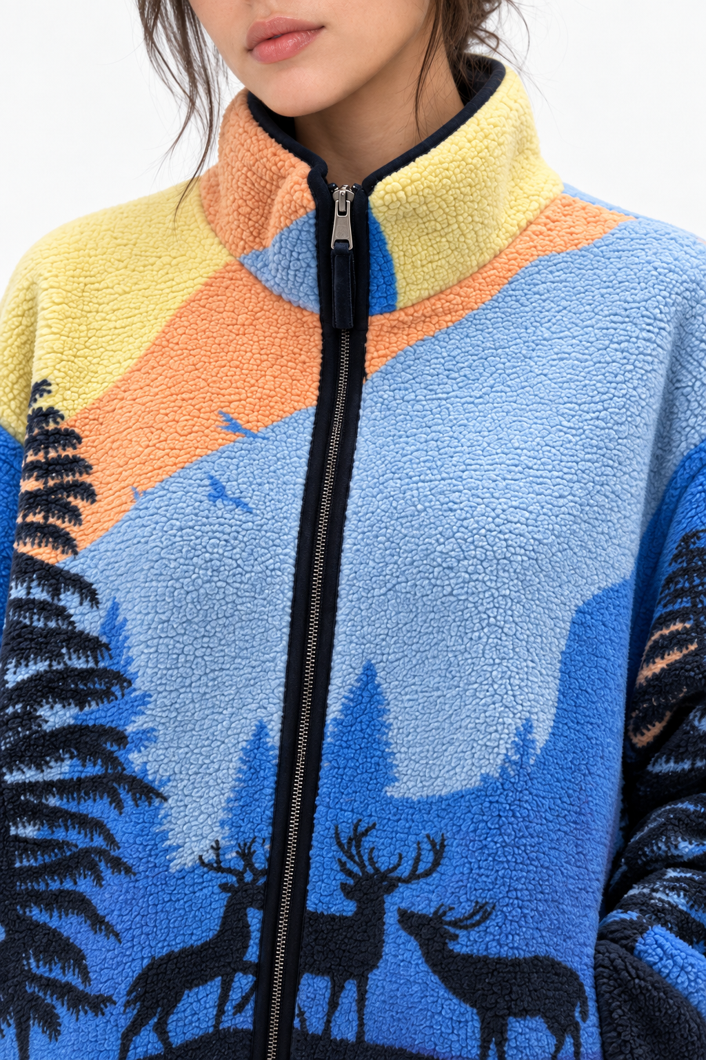 4981 Kadın Fermuarlı Desenli Polar Sweatshirt Koyu Mavi