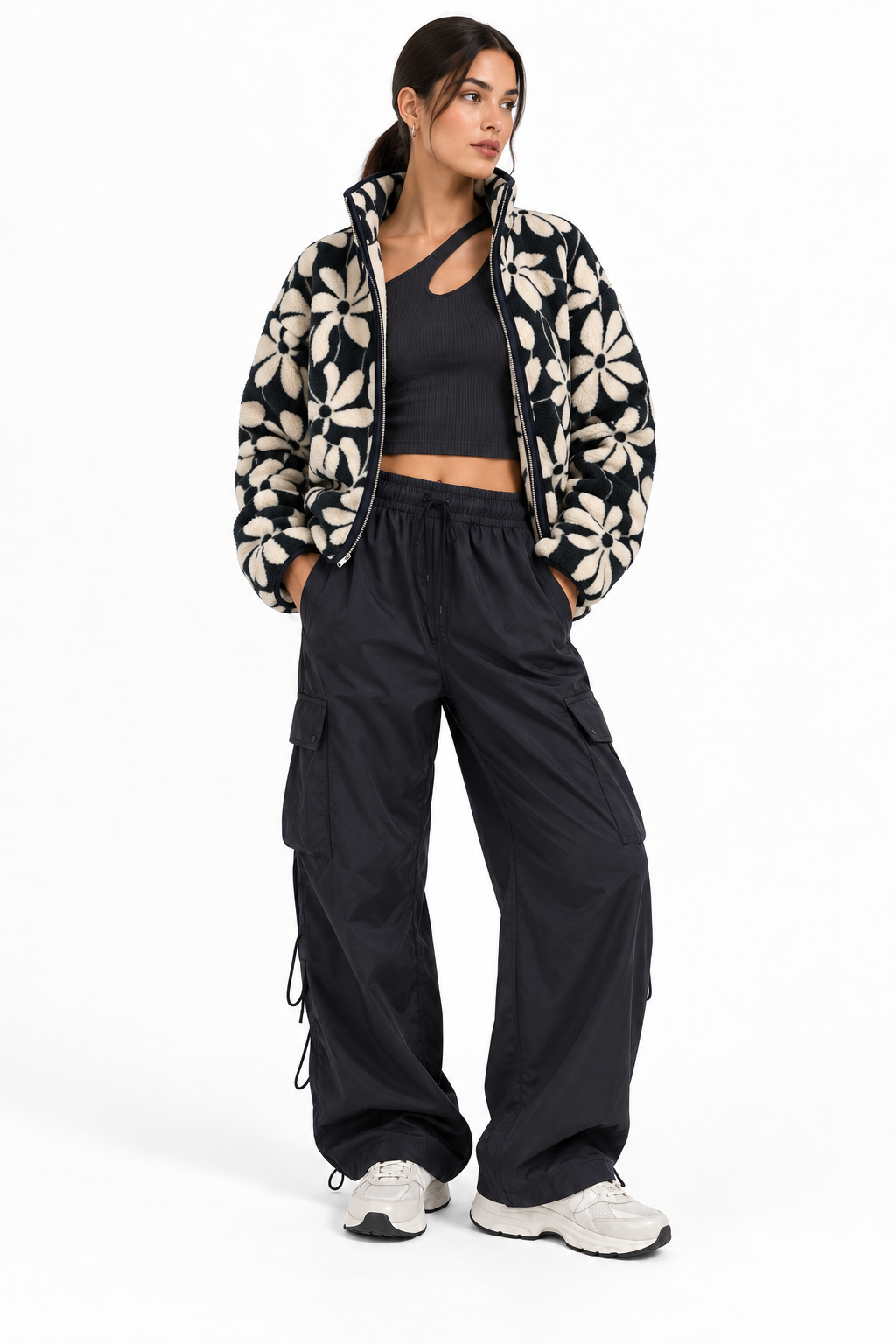 4981 Kadın Fermuarlı Desenli Polar Sweatshirt Lacivert Naturel