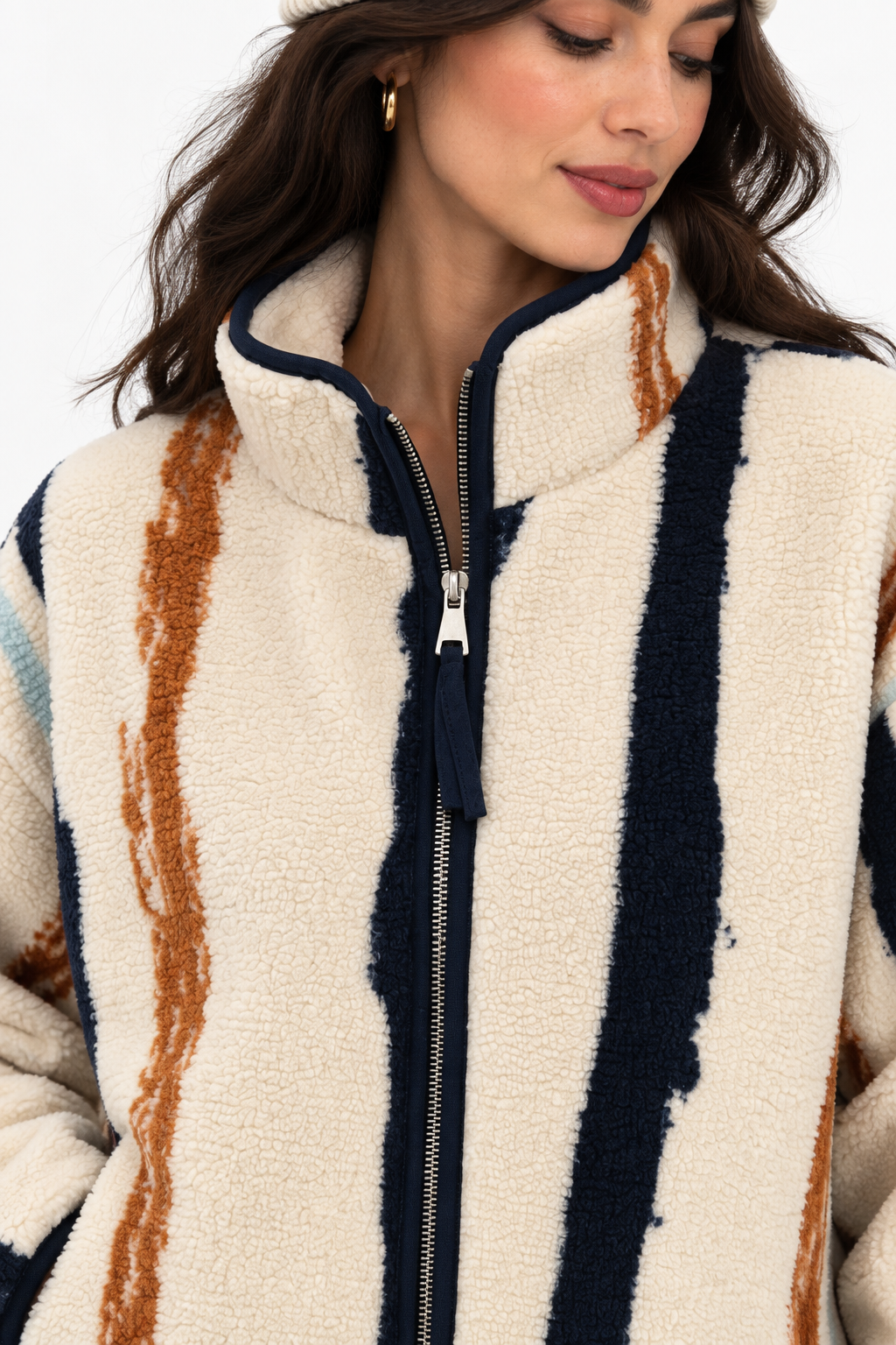 4981 Kadın Fermuarlı Desenli Polar Sweatshirt Çi.Lacivert
