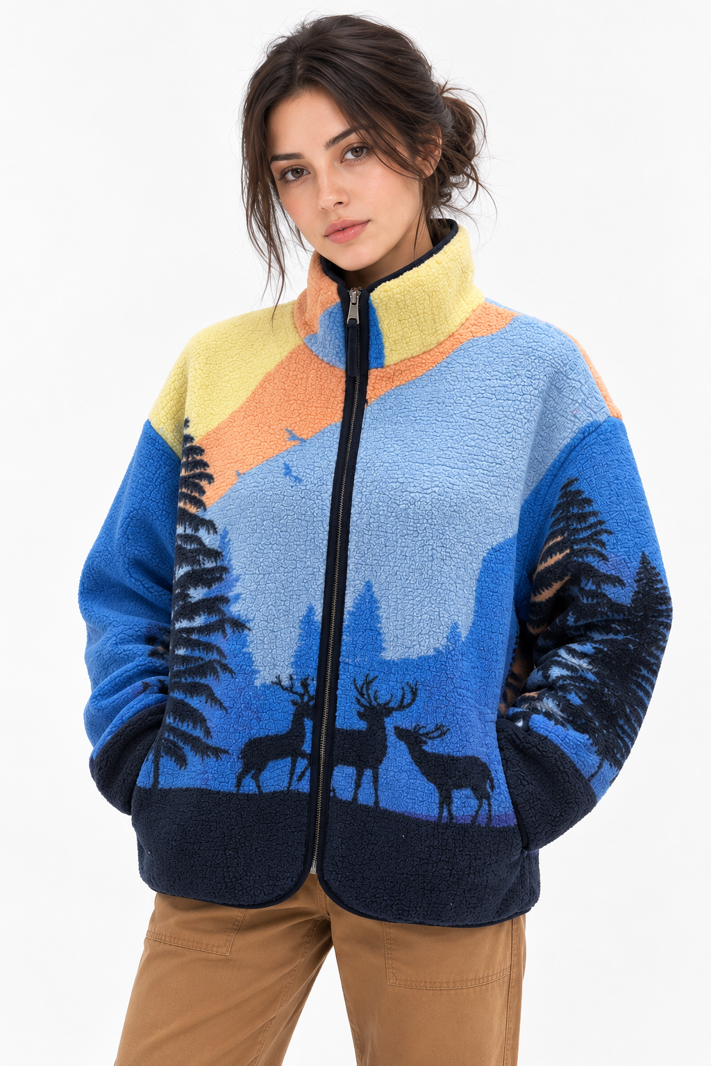 4981 Kadın Fermuarlı Desenli Polar Sweatshirt Koyu Mavi