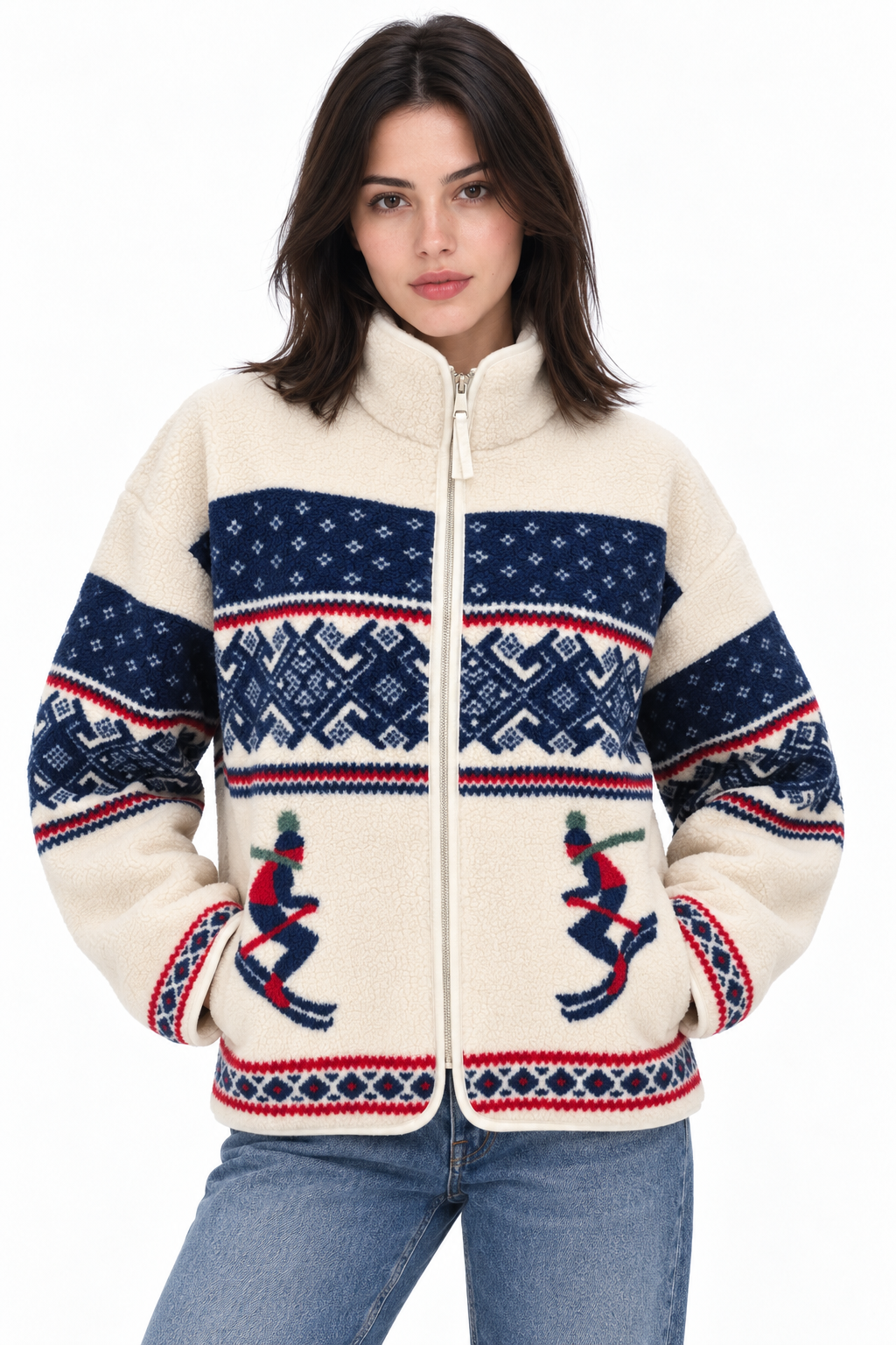 4981 Kadın Fermuarlı Desenli Polar Sweatshirt Kırmızı Lacivert