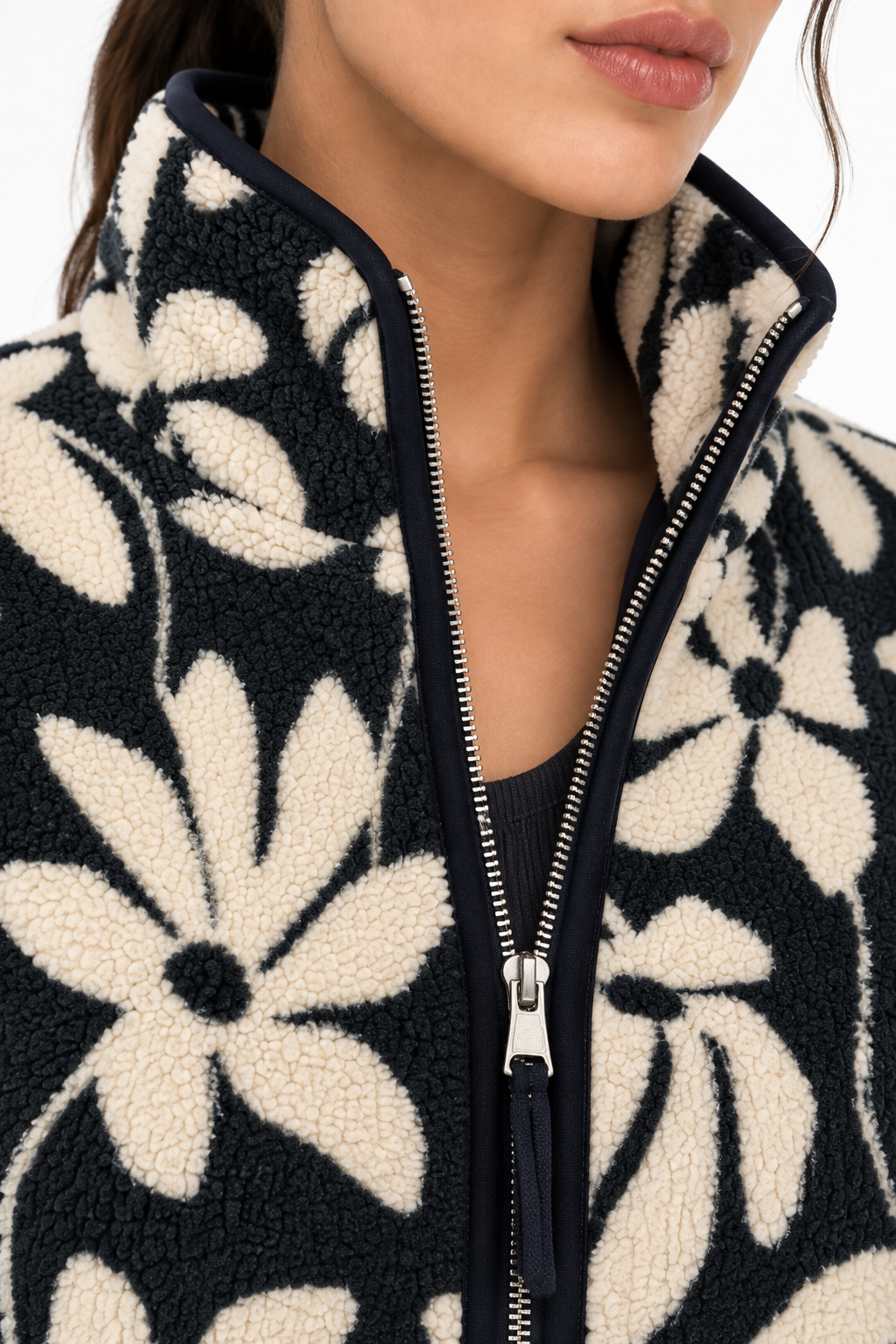 4981 Kadın Fermuarlı Desenli Polar Sweatshirt Lacivert Naturel