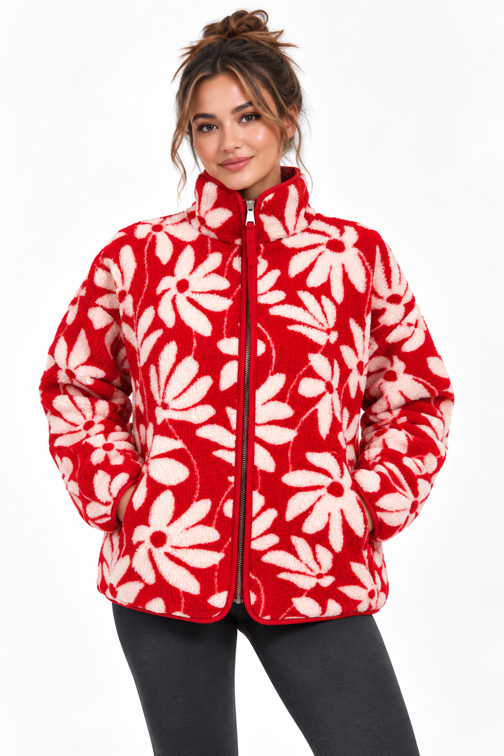 4981 Kadın Fermuarlı Desenli Polar Sweatshirt Kırmızı - Naturel