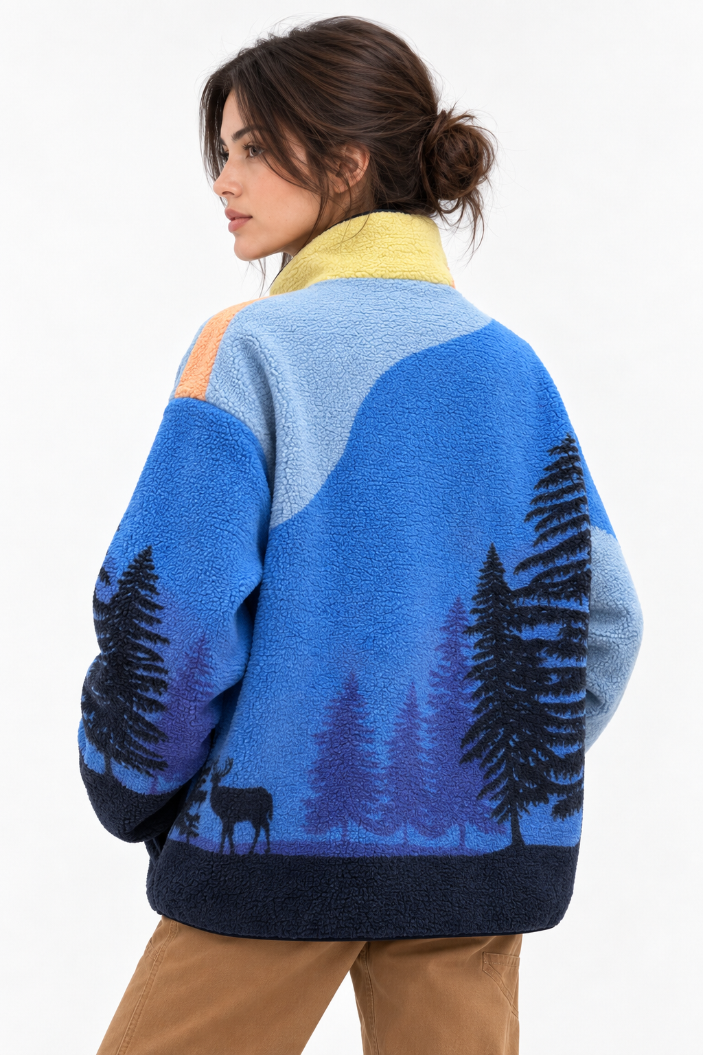 4981 Kadın Fermuarlı Desenli Polar Sweatshirt Koyu Mavi