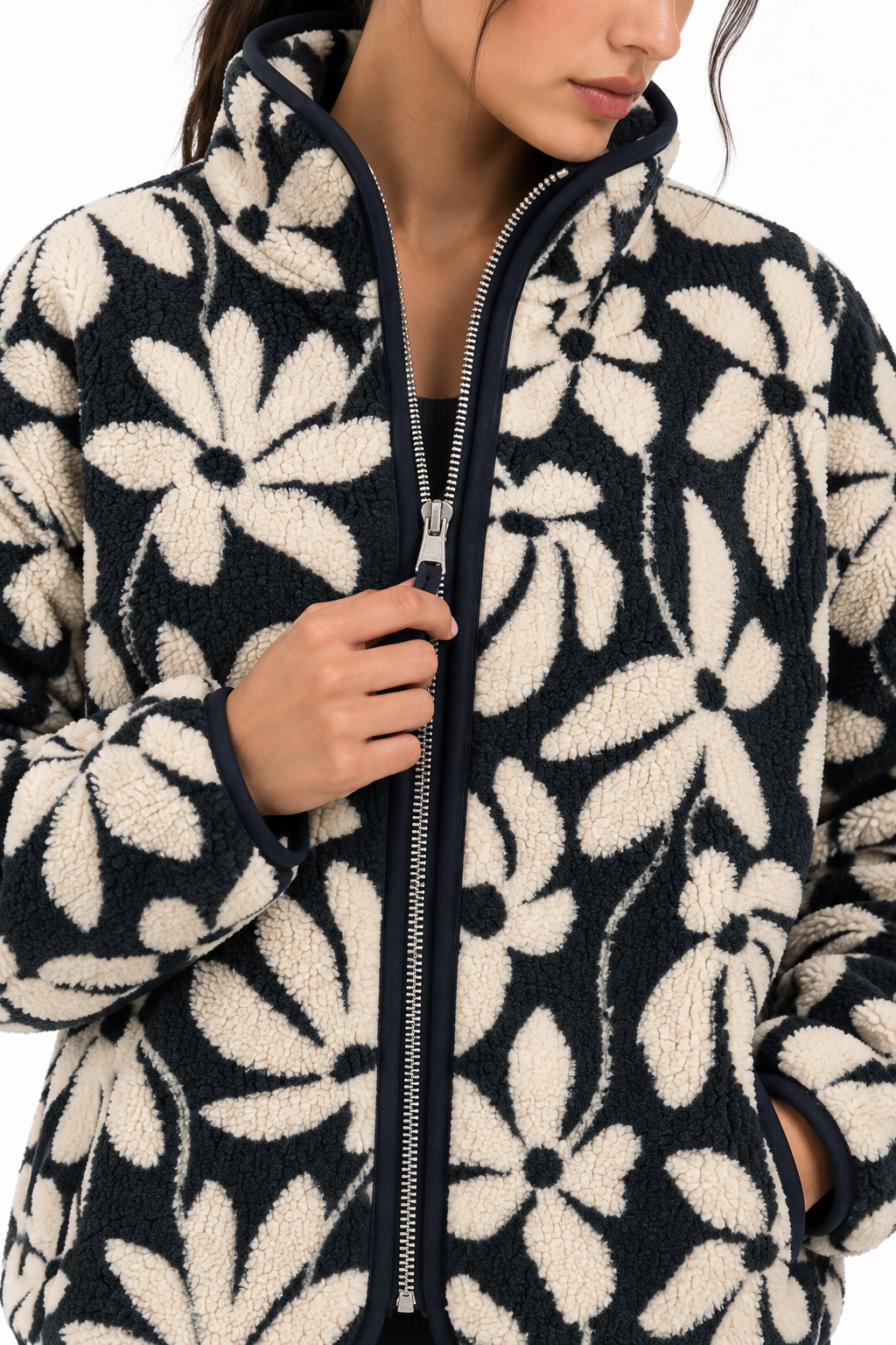 4981 Kadın Fermuarlı Desenli Polar Sweatshirt Lacivert Naturel
