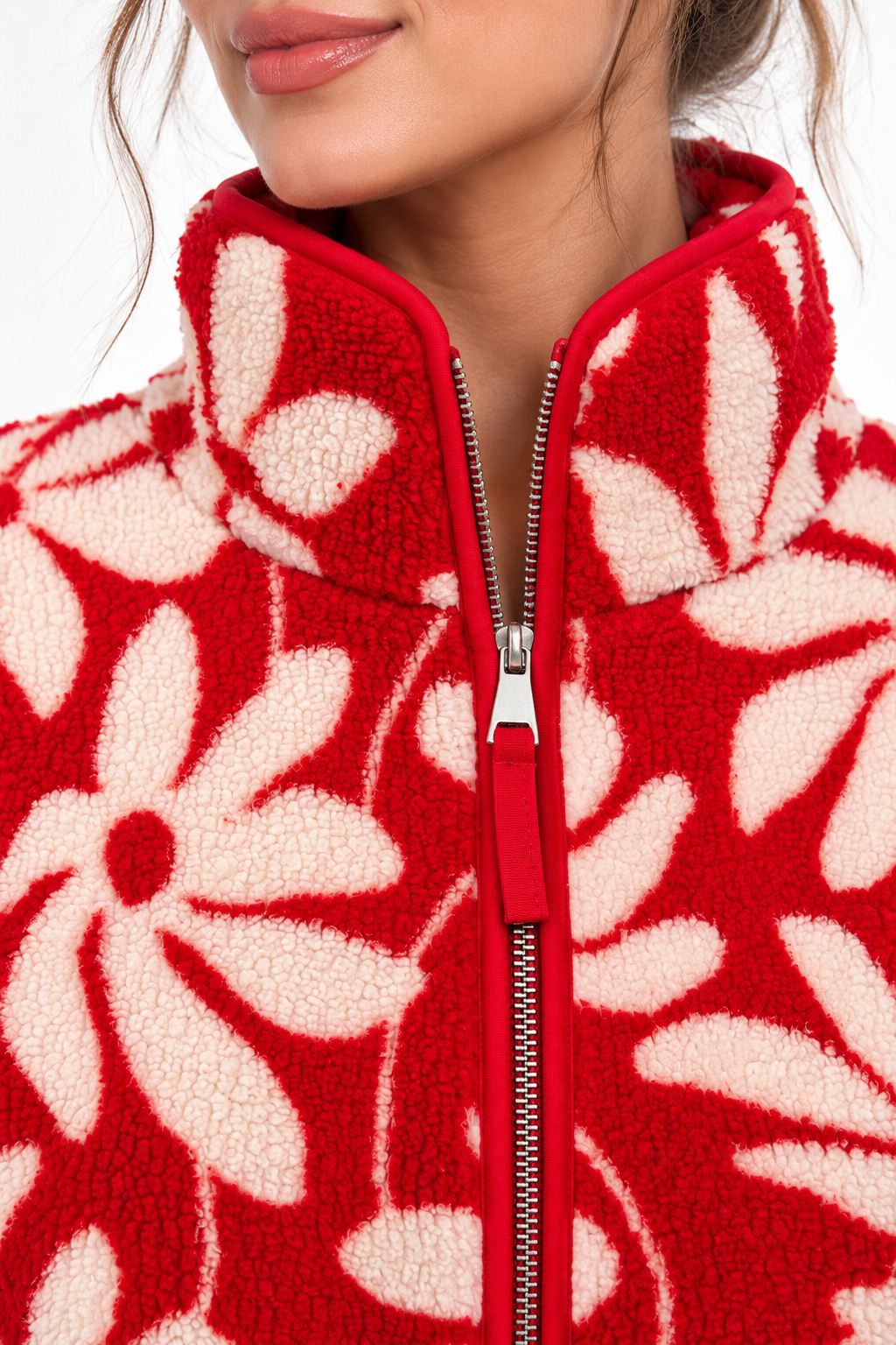 4981 Kadın Fermuarlı Desenli Polar Sweatshirt Kırmızı - Naturel
