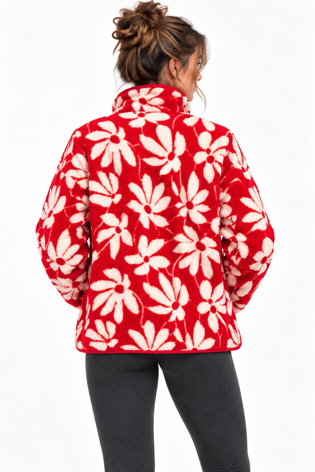 4981 Kadın Fermuarlı Desenli Polar Sweatshirt Kırmızı - Naturel
