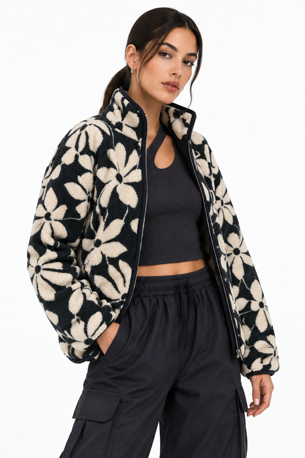 4981 Kadın Fermuarlı Desenli Polar Sweatshirt Lacivert Naturel