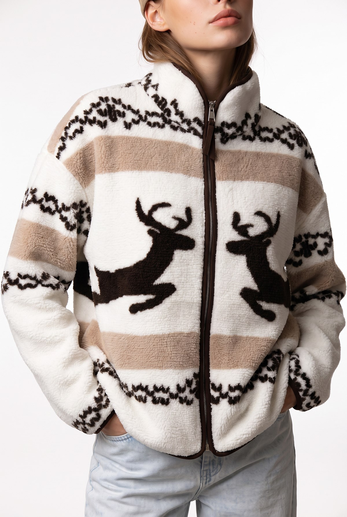 4981 Kadın Geyik ve Kar Motifli Cepli Yumuşak Dokulu Polar Sweatshirt